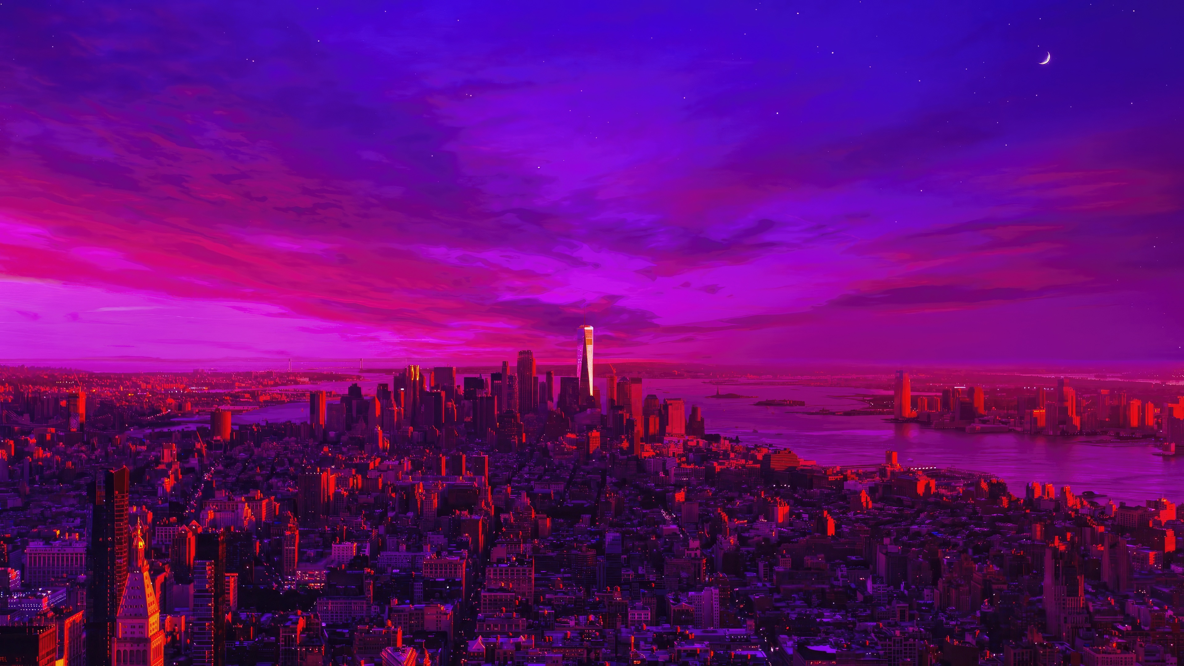 New York City Skyline at Dusk with Purple and Pink Sky HD Wallpaper