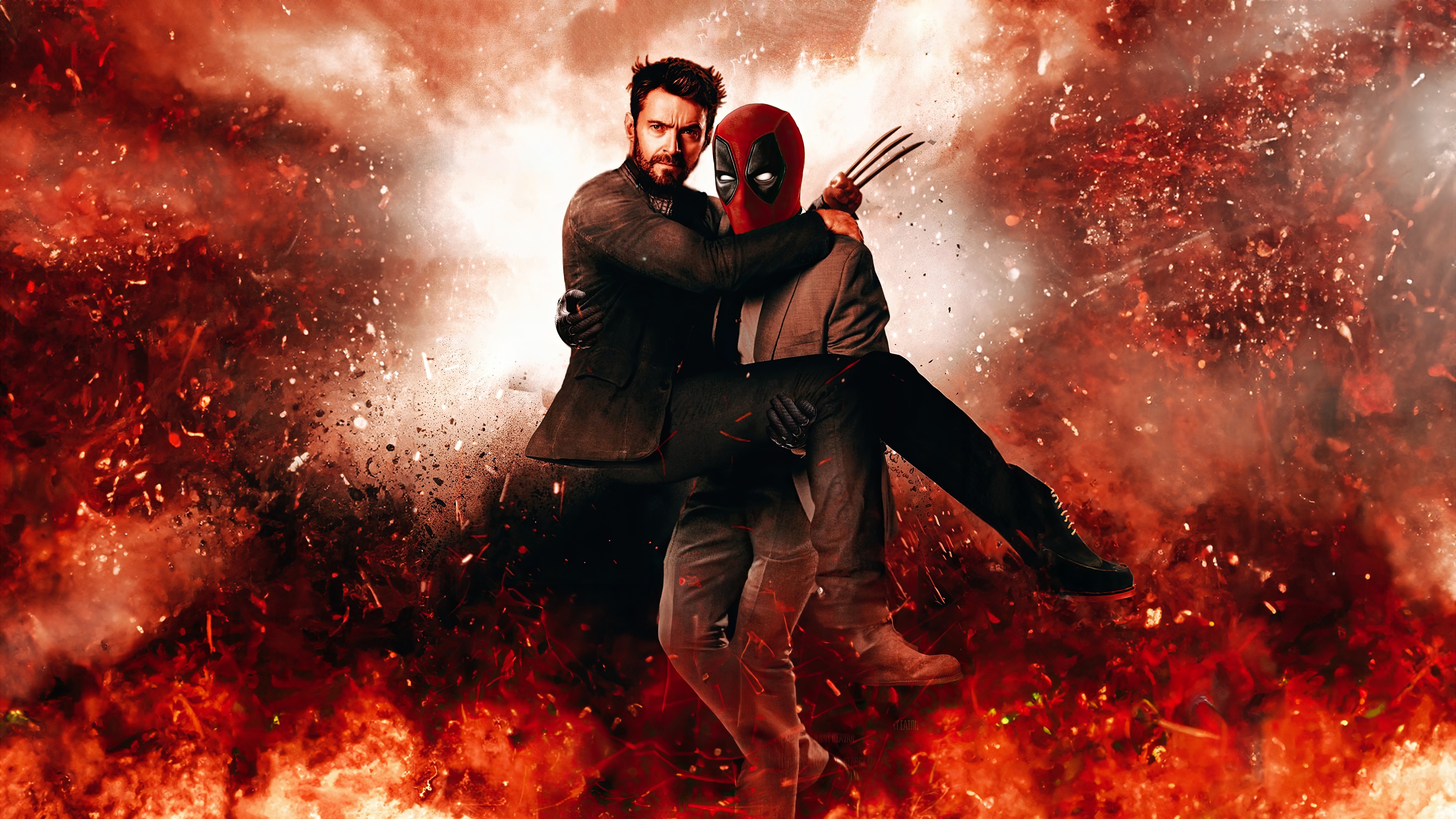 Deadpool Carries Wolverine Amidst Explosions HD Wallpaper