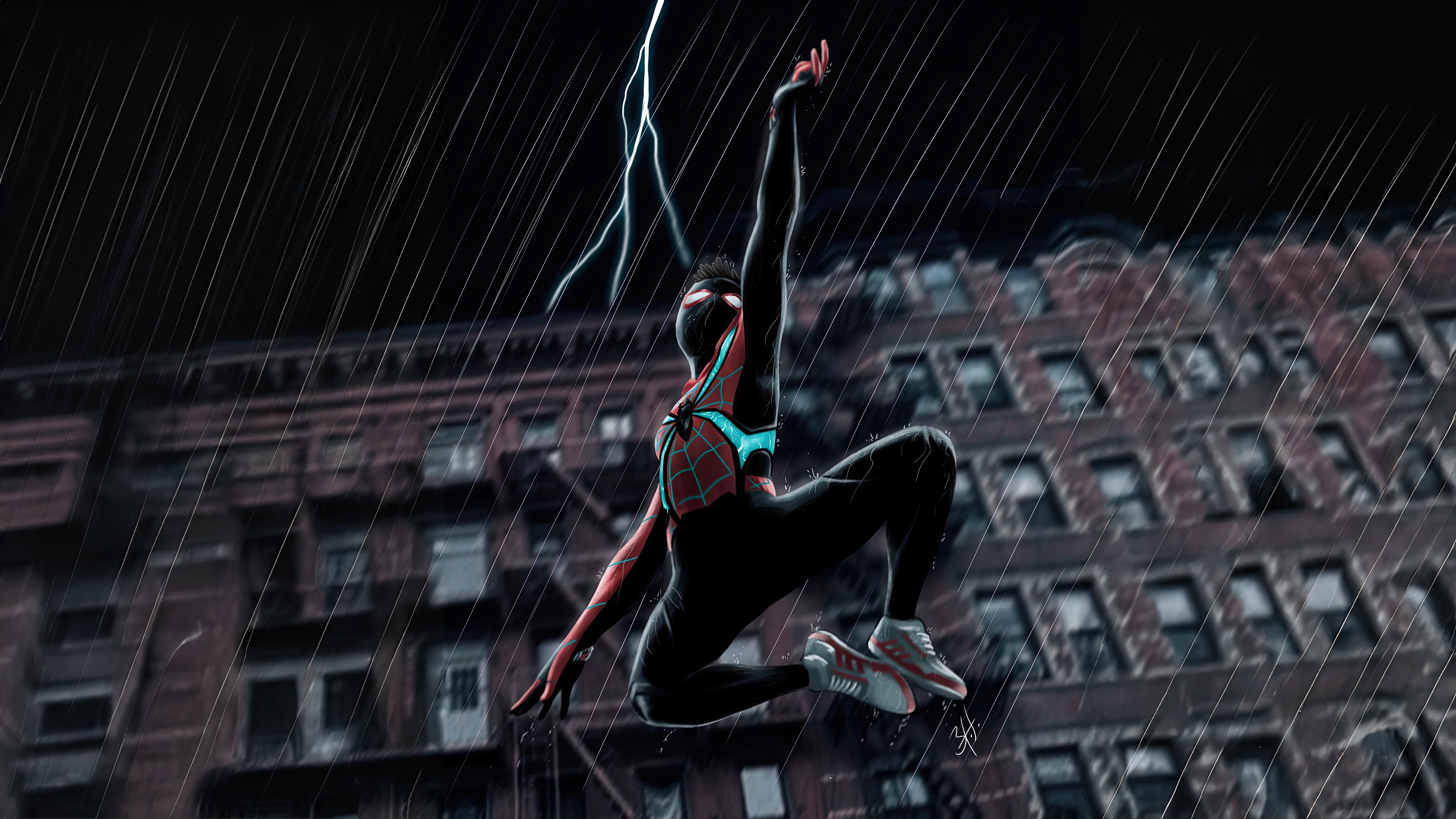 Spider-Man swinging through the rain with lightning HD Wallpaper