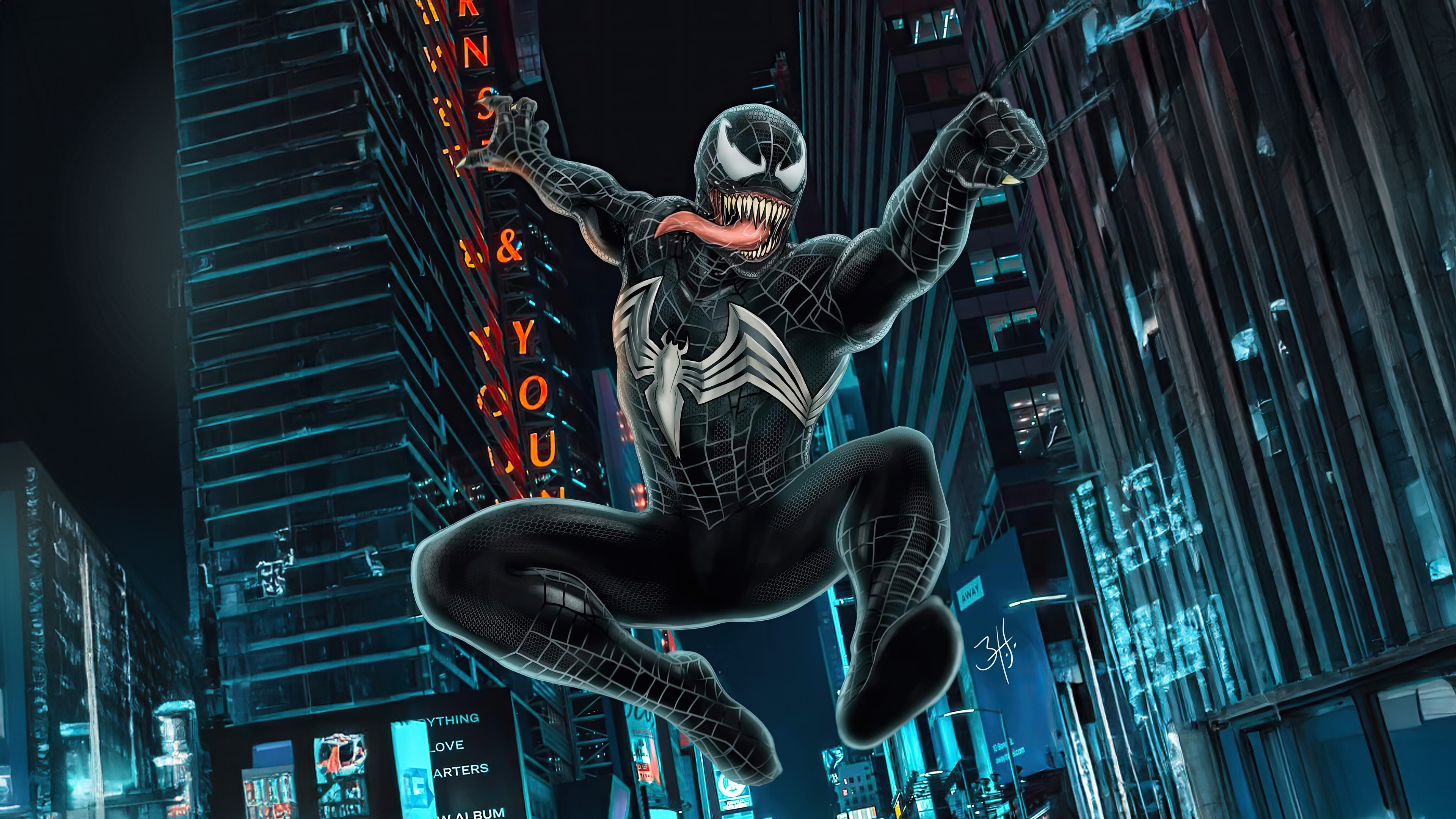 Venom leaping through a neon-lit city at night HD Wallpaper