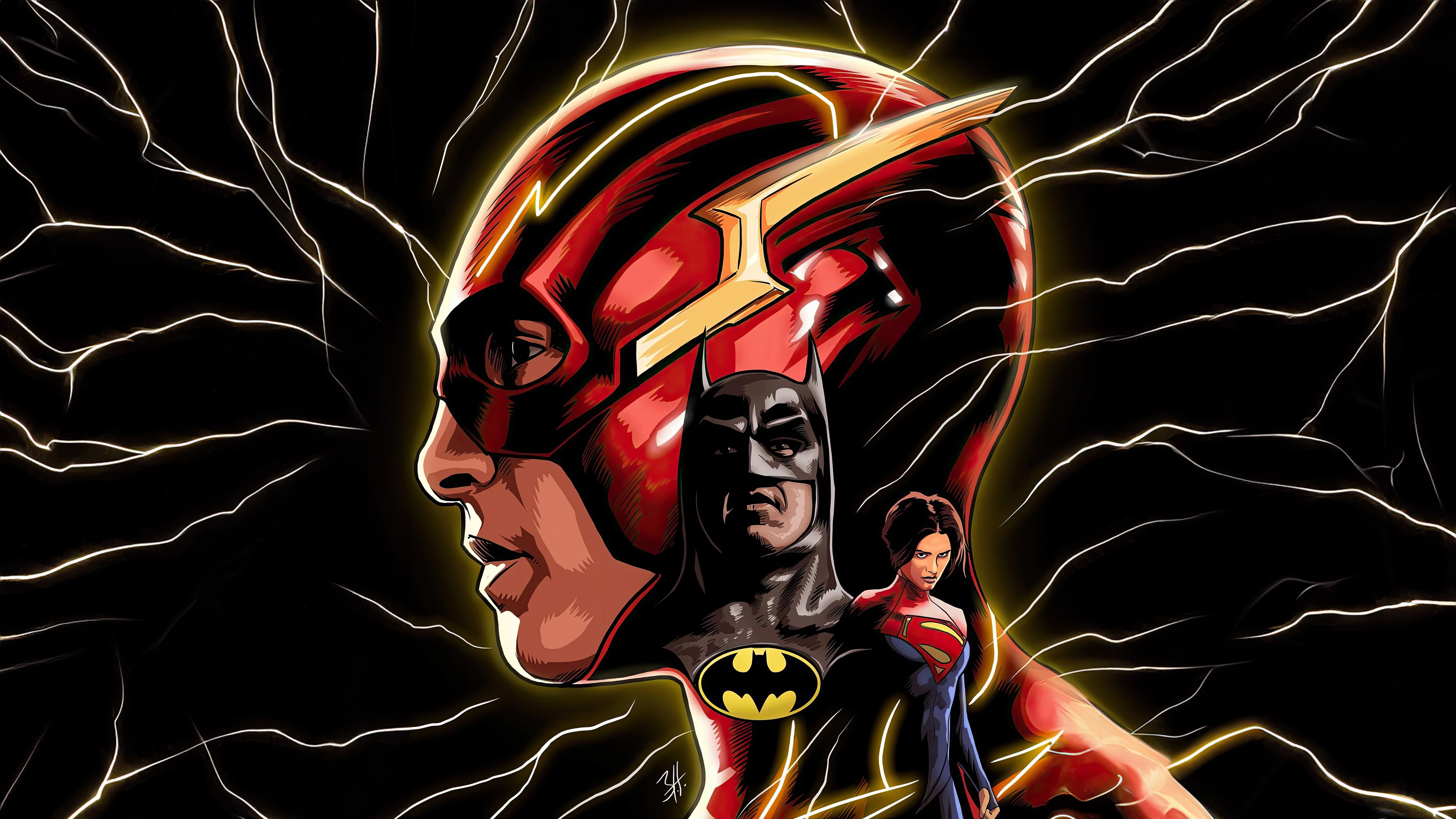 The Flash, Batman, and Supergirl in a stylized illustration HD Wallpaper