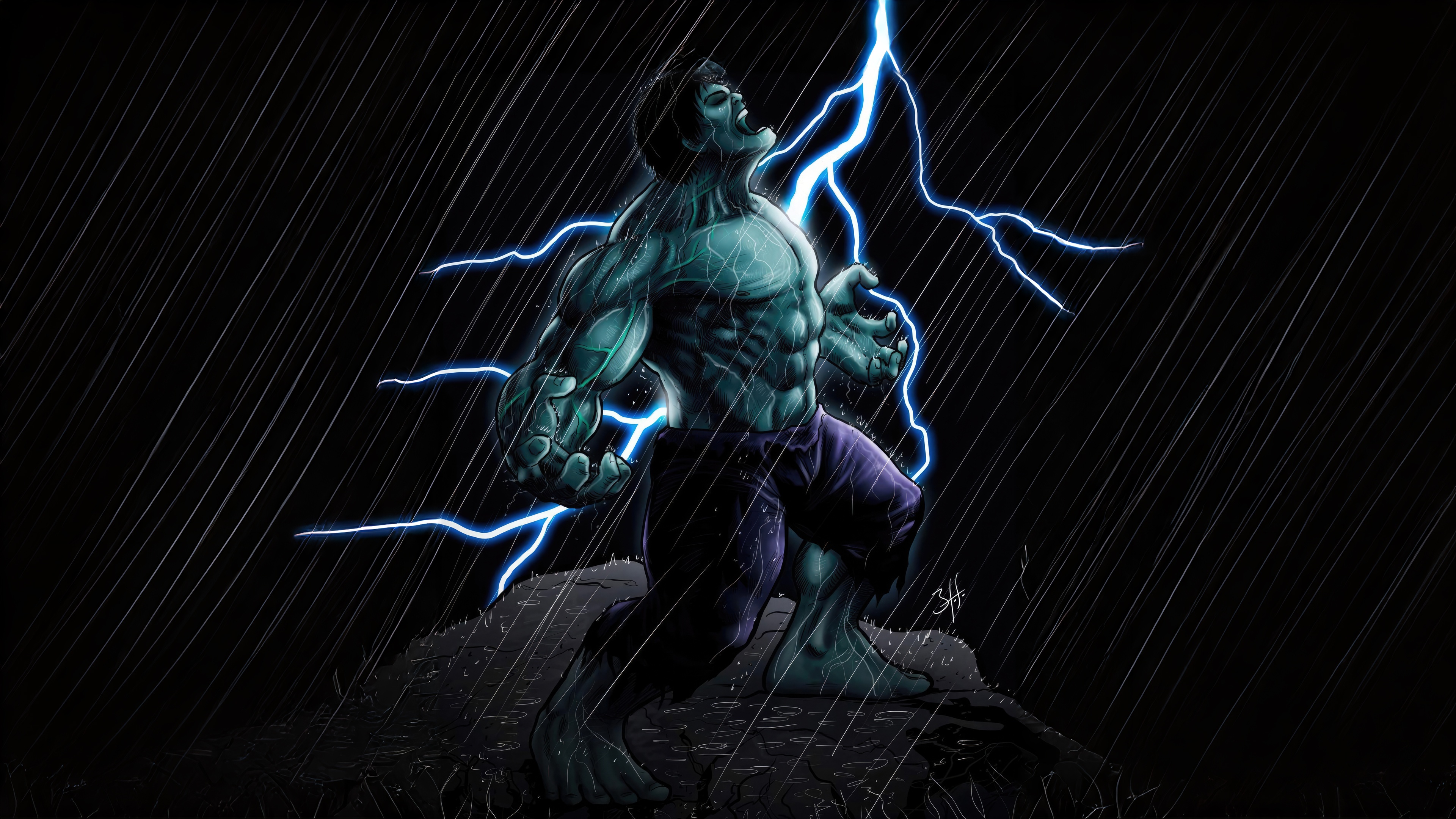 Hulk roaring amidst lightning and rain HD Wallpaper