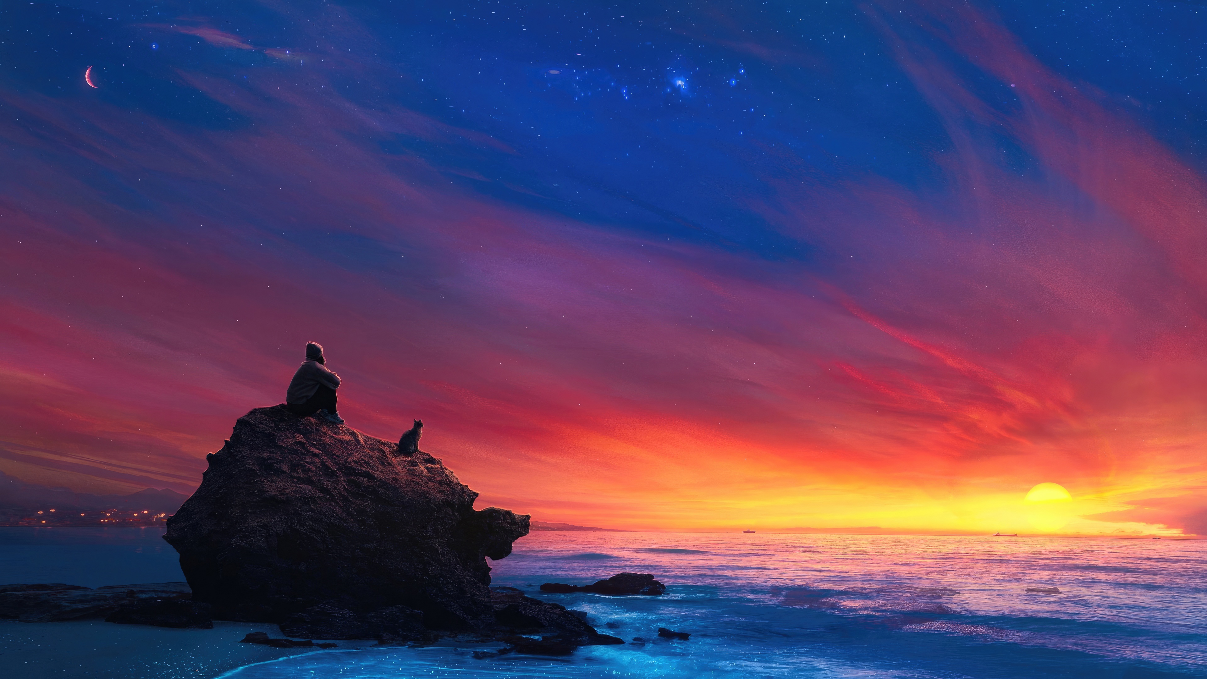 Person and cat on rock at sunset HD Wallpaper