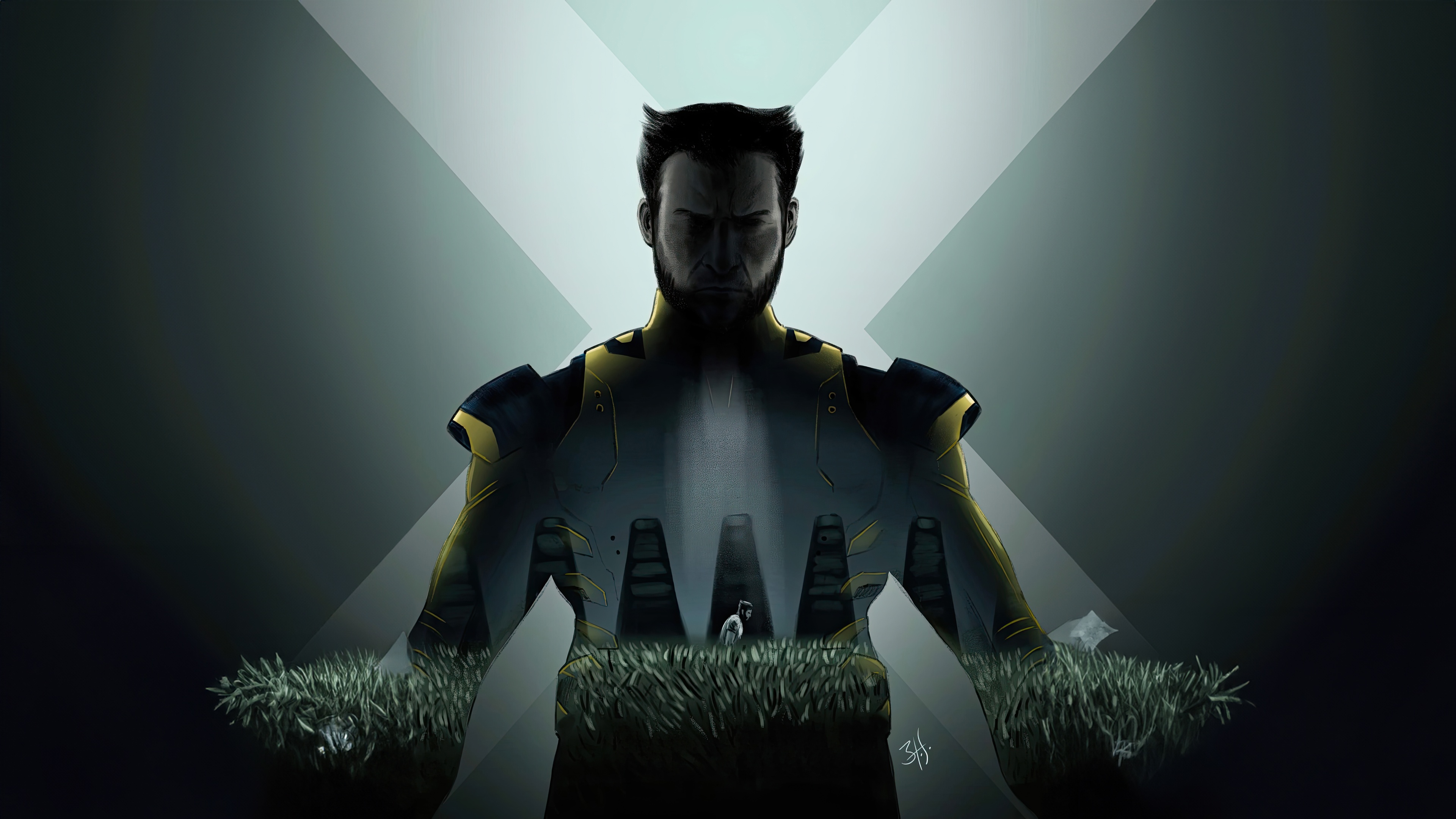 Wolverine in a dark, futuristic suit with grass islands HD Wallpaper