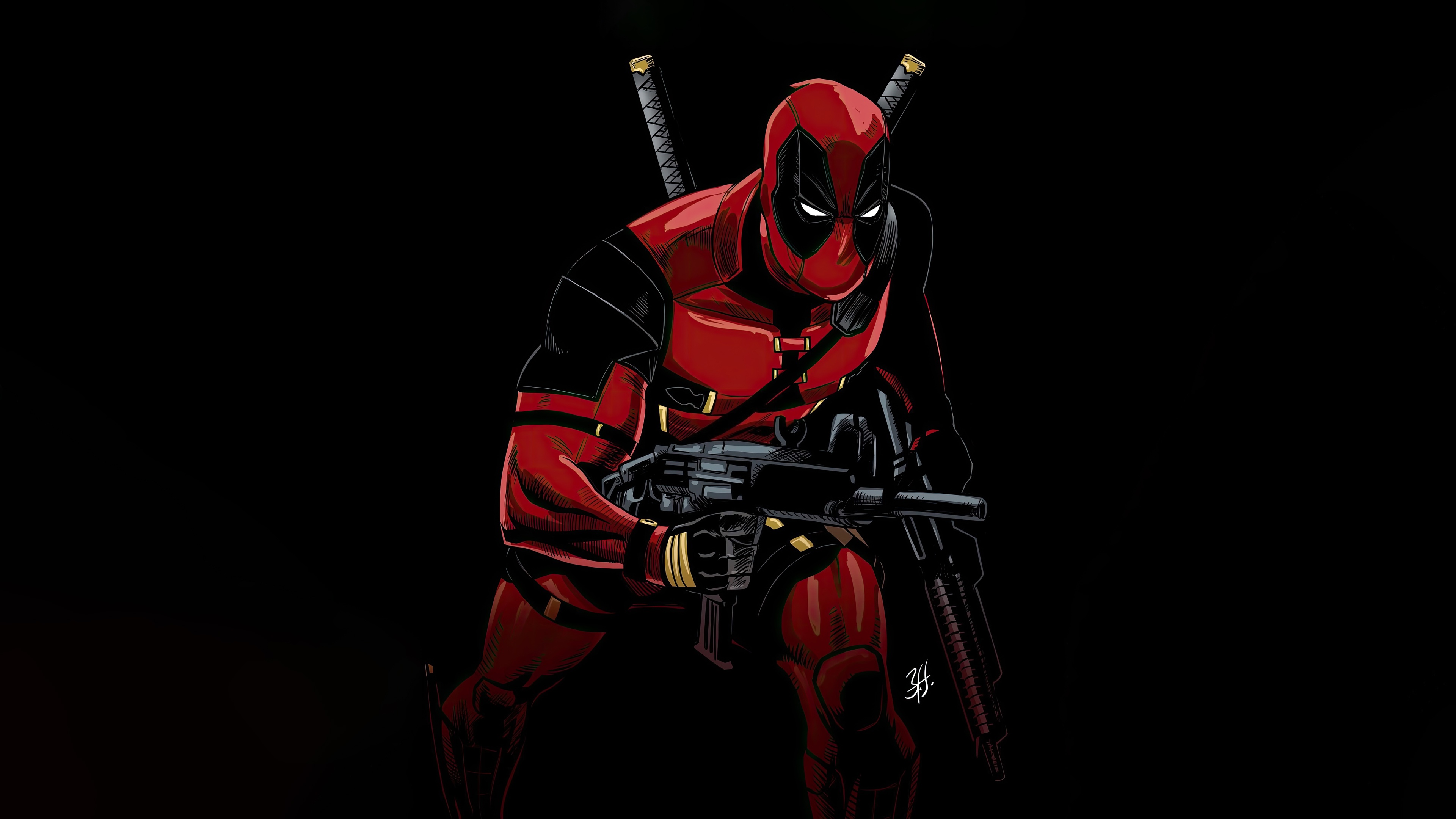 Deadpool holding a gun with swords on his back HD Wallpaper