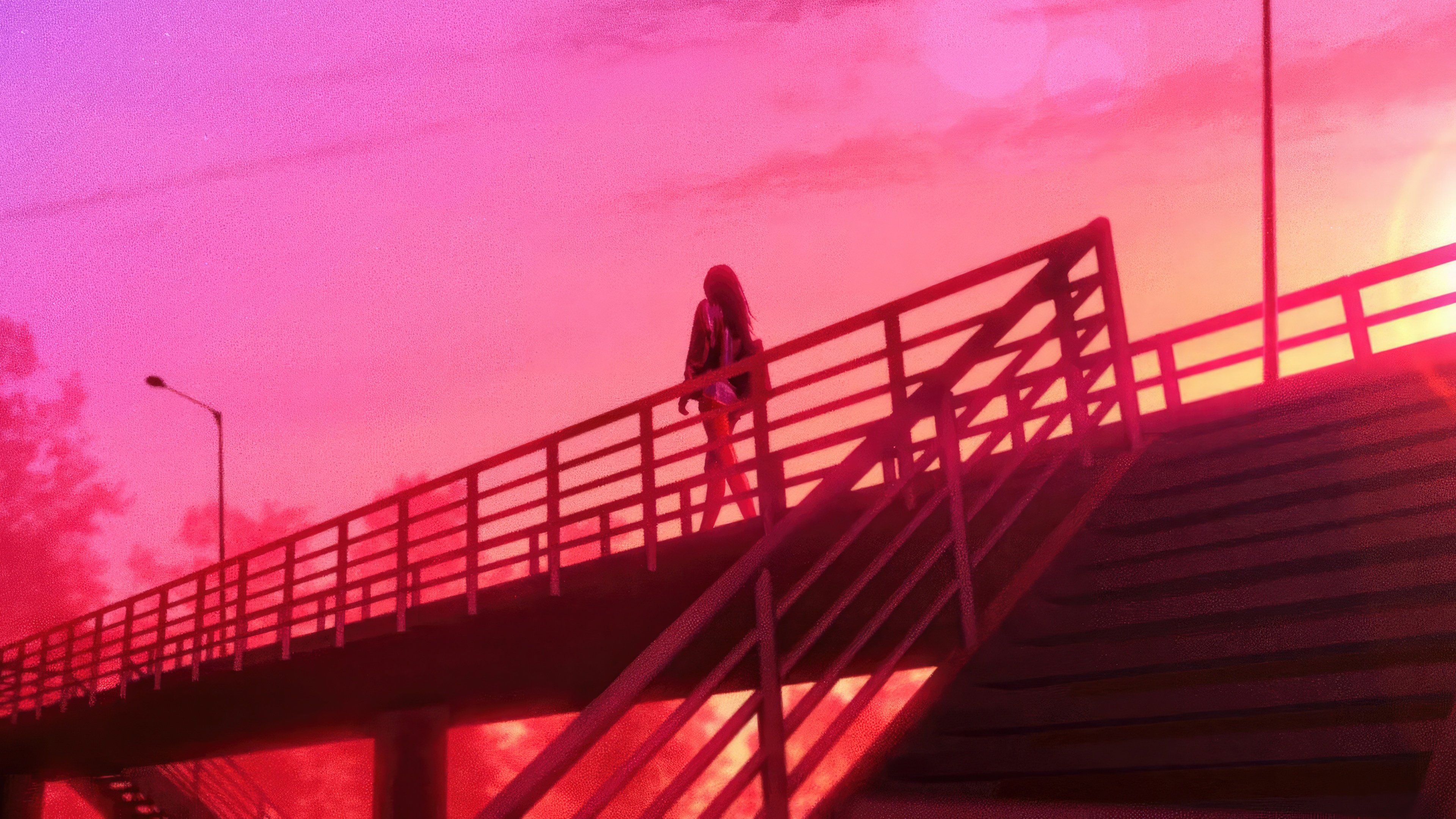 Girl on a bridge at sunset HD Wallpaper