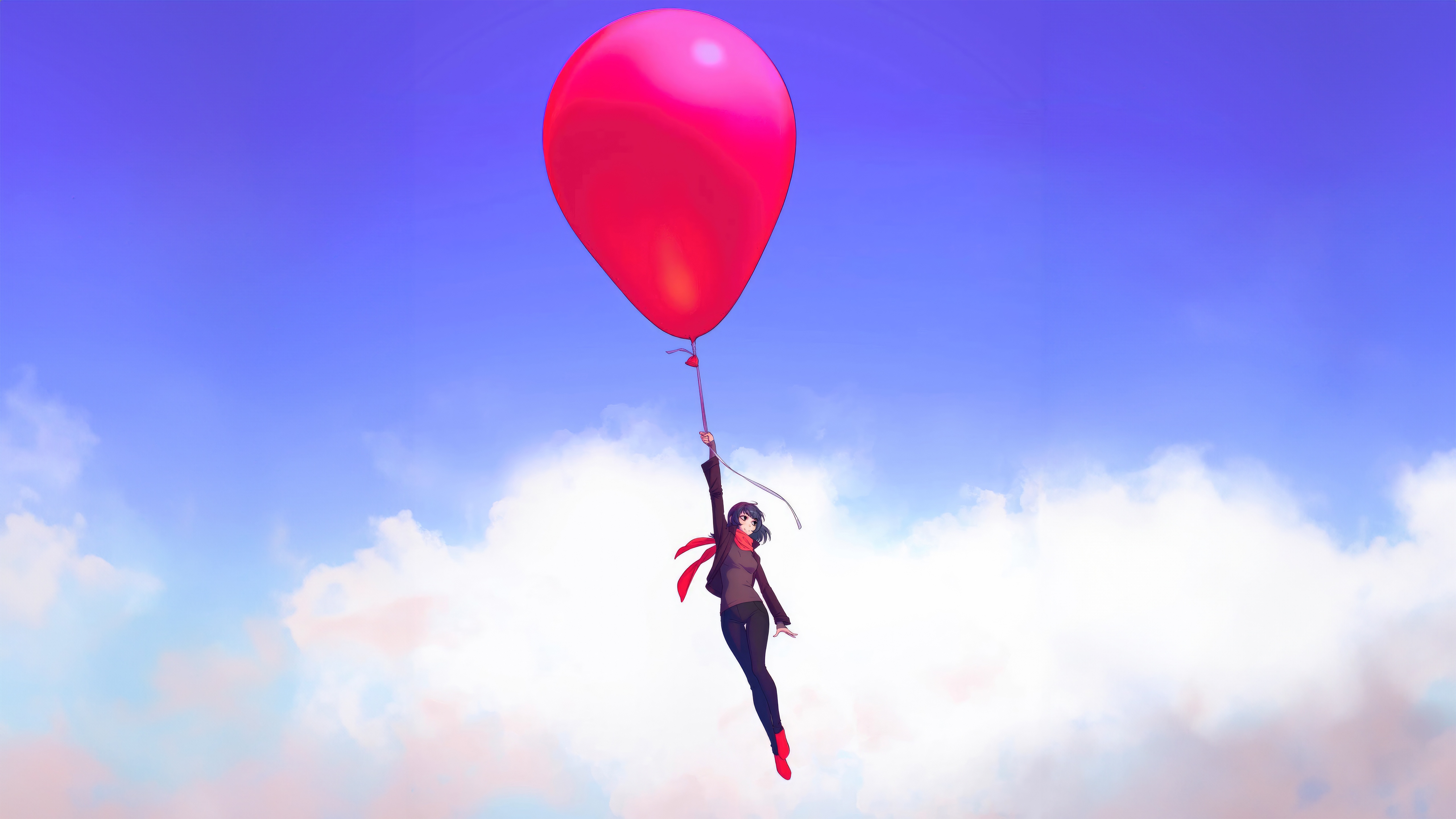 Girl Floating to the Clouds with a Red Balloon HD Wallpaper