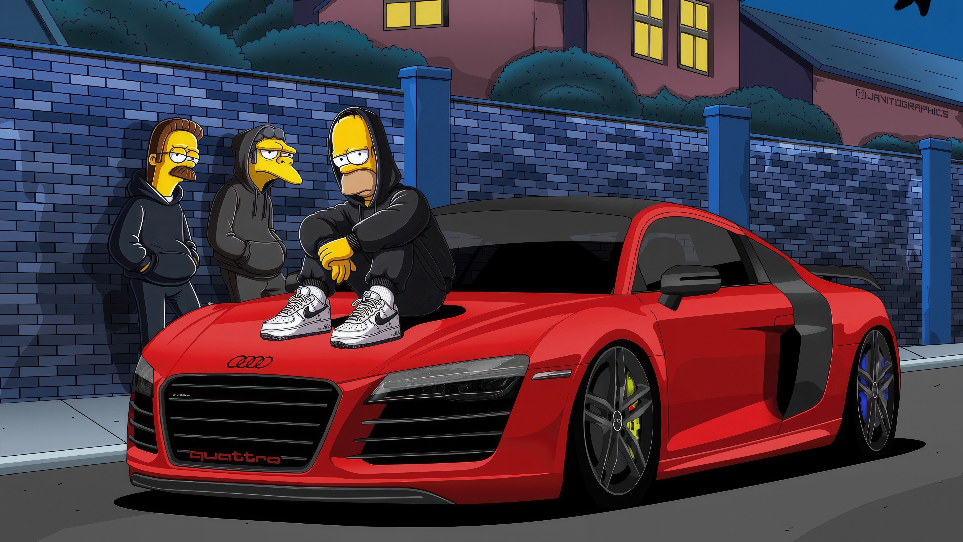The Simpsons characters with a red Audi R8 HD Wallpaper