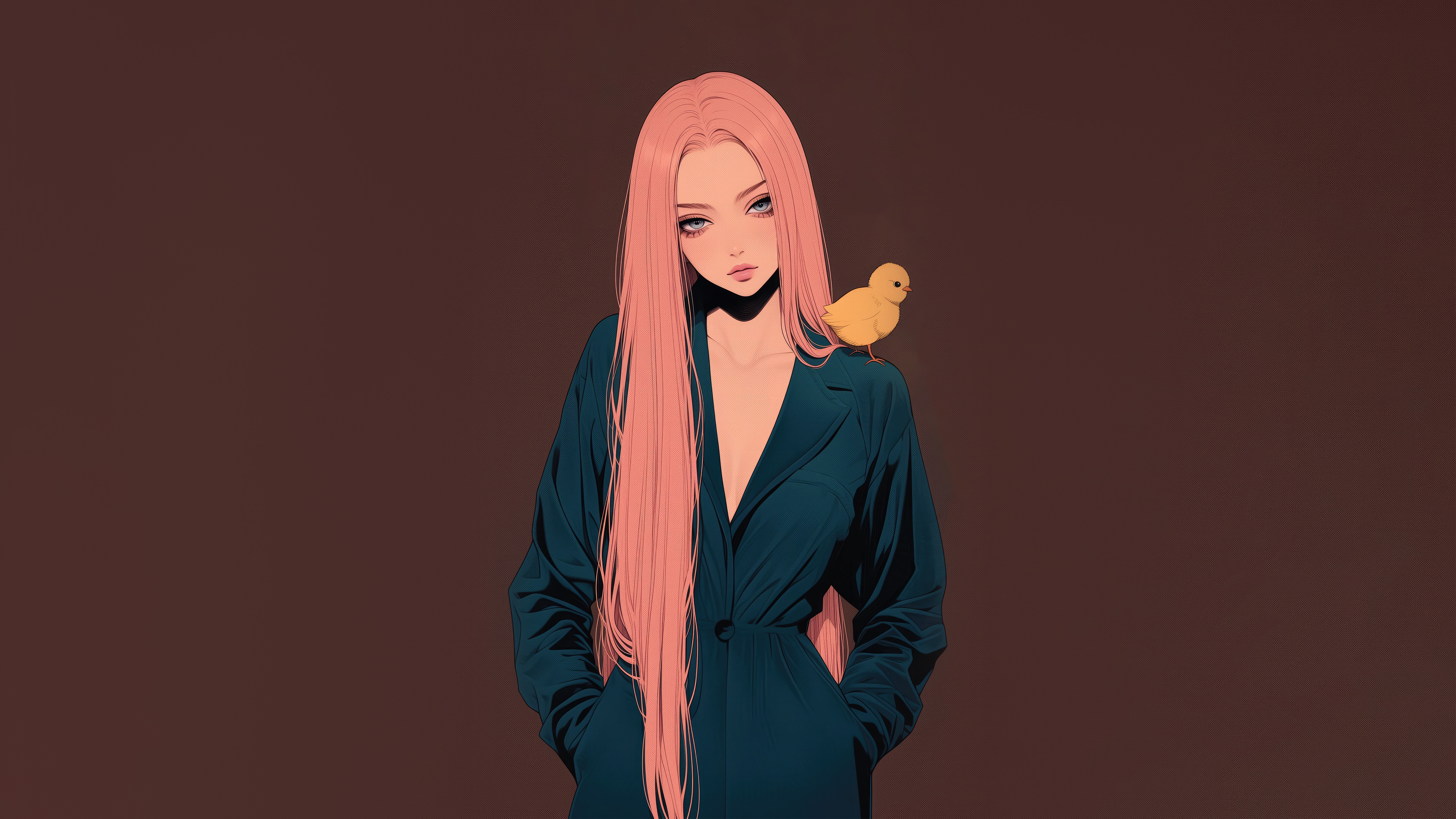 Anime girl with pink hair and a yellow bird HD Wallpaper