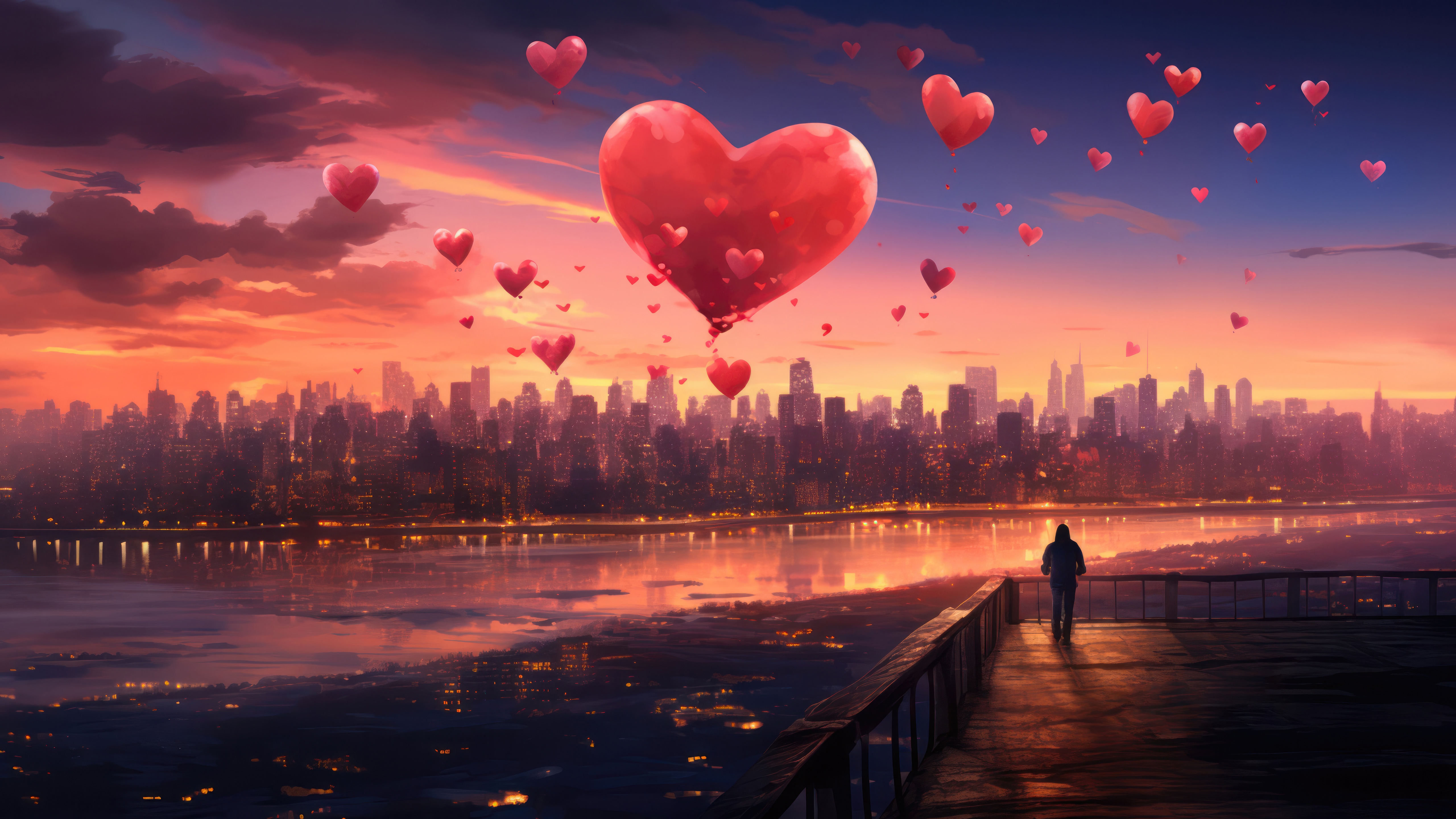 Heart-shaped balloons over a city at sunset HD Wallpaper