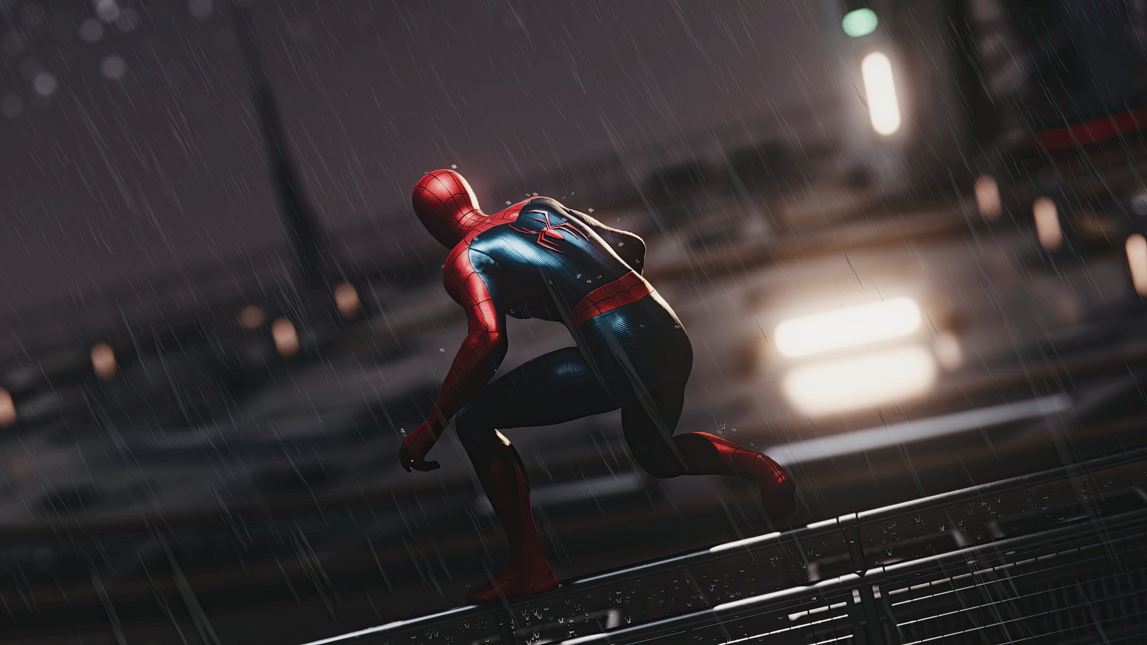Spider-Man running on a railing in the rain HD Wallpaper