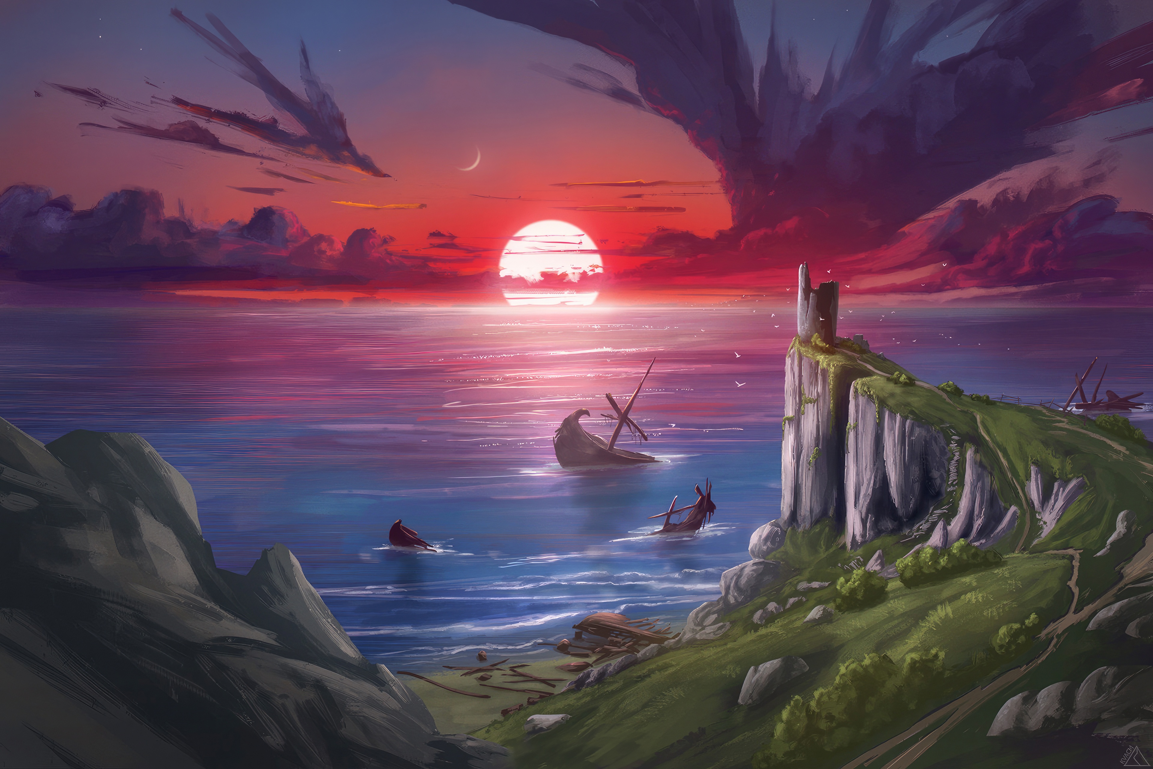 Shipwrecks at sunset near a cliffside ruin HD Wallpaper