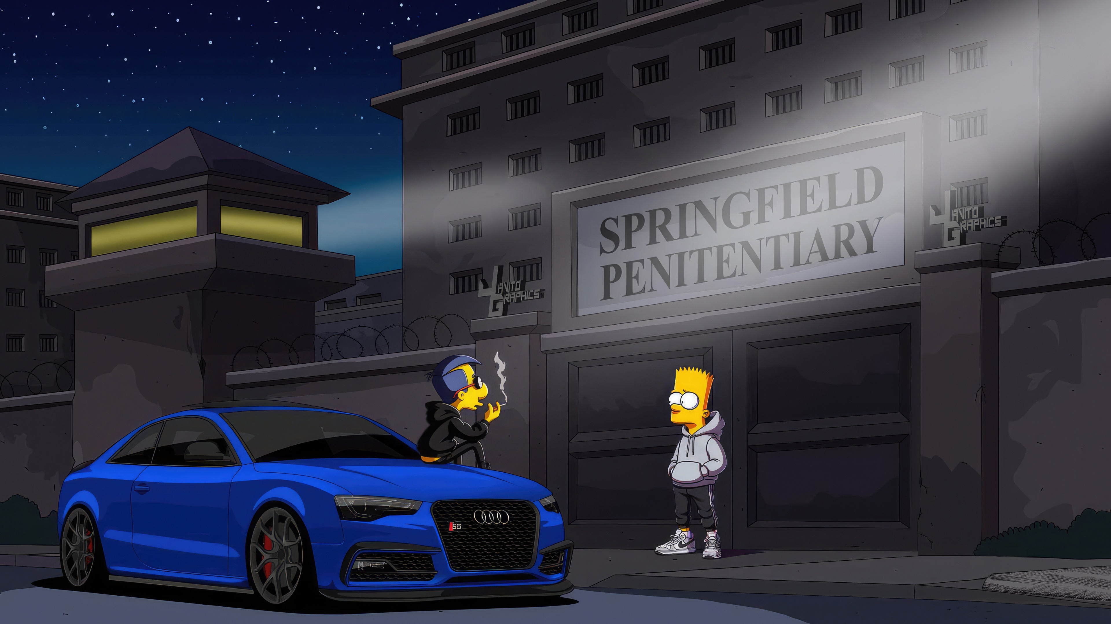 Milhouse and Bart Simpson outside Springfield Penitentiary HD Wallpaper