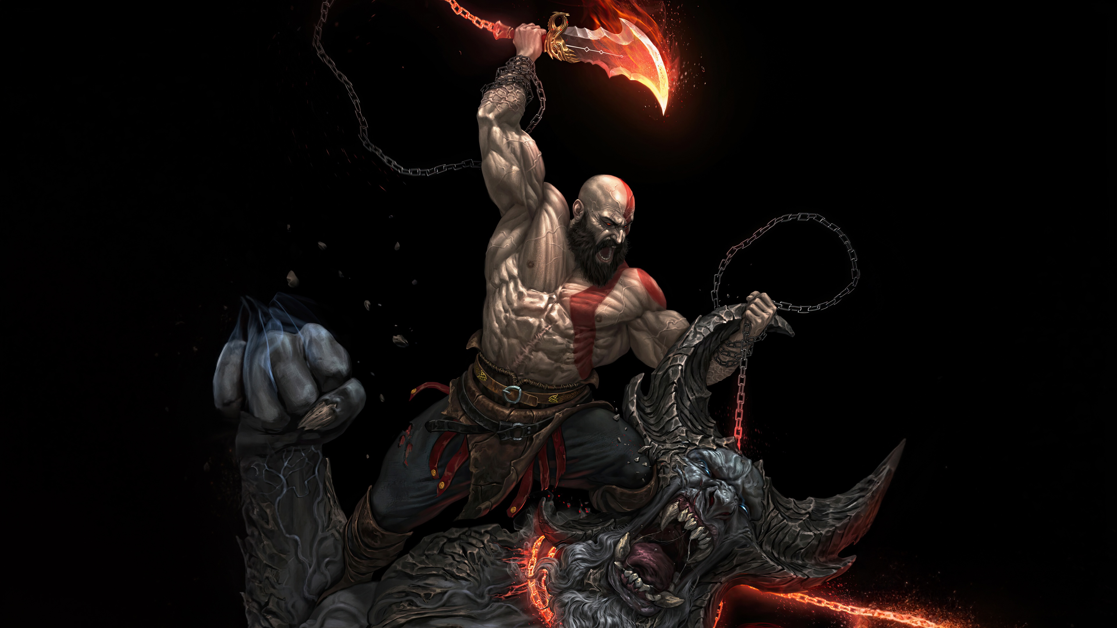 Kratos fighting a demon with flaming blades HD Wallpaper