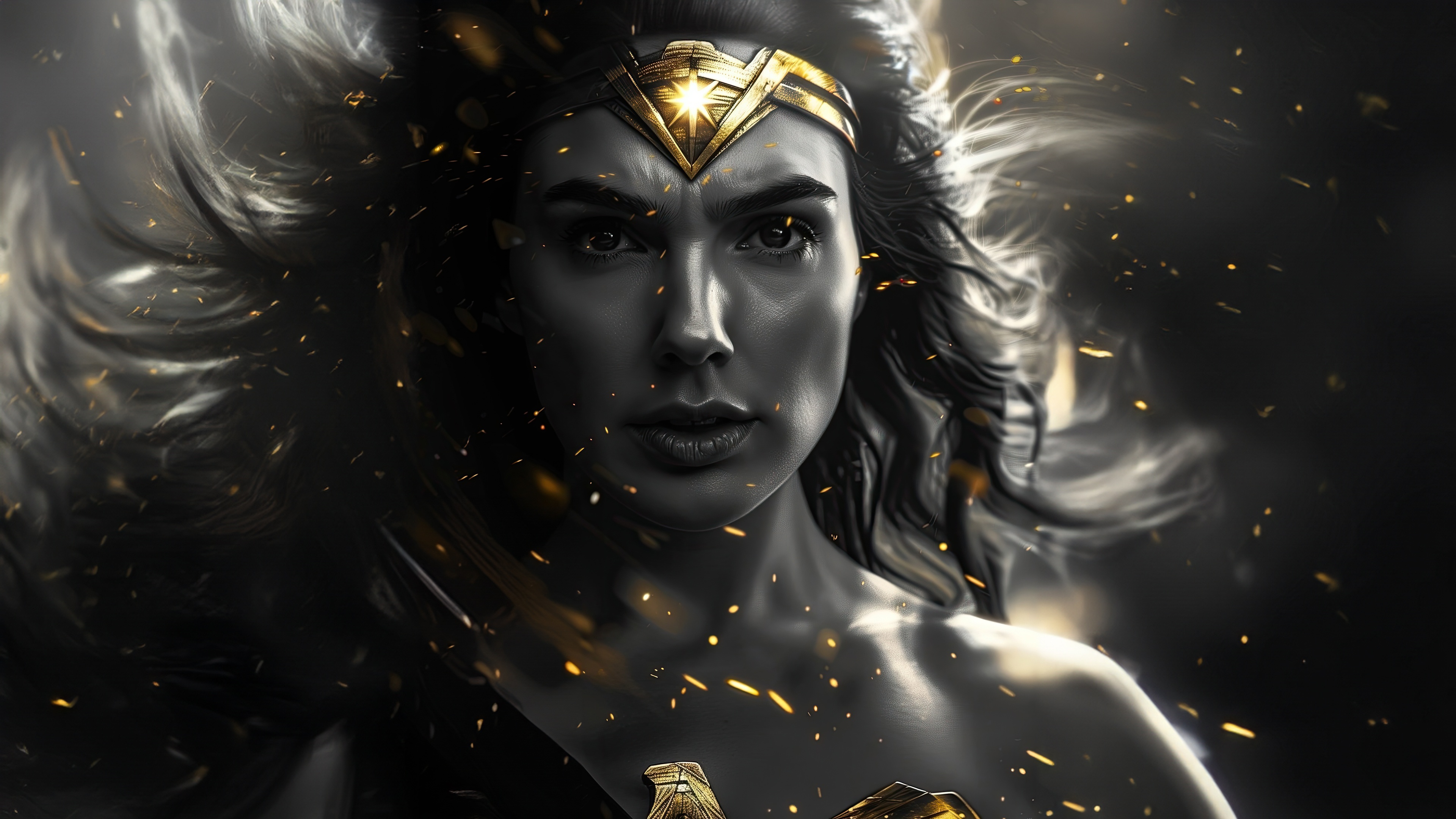 Wonder Woman in a dramatic, golden-lit portrait HD Wallpaper