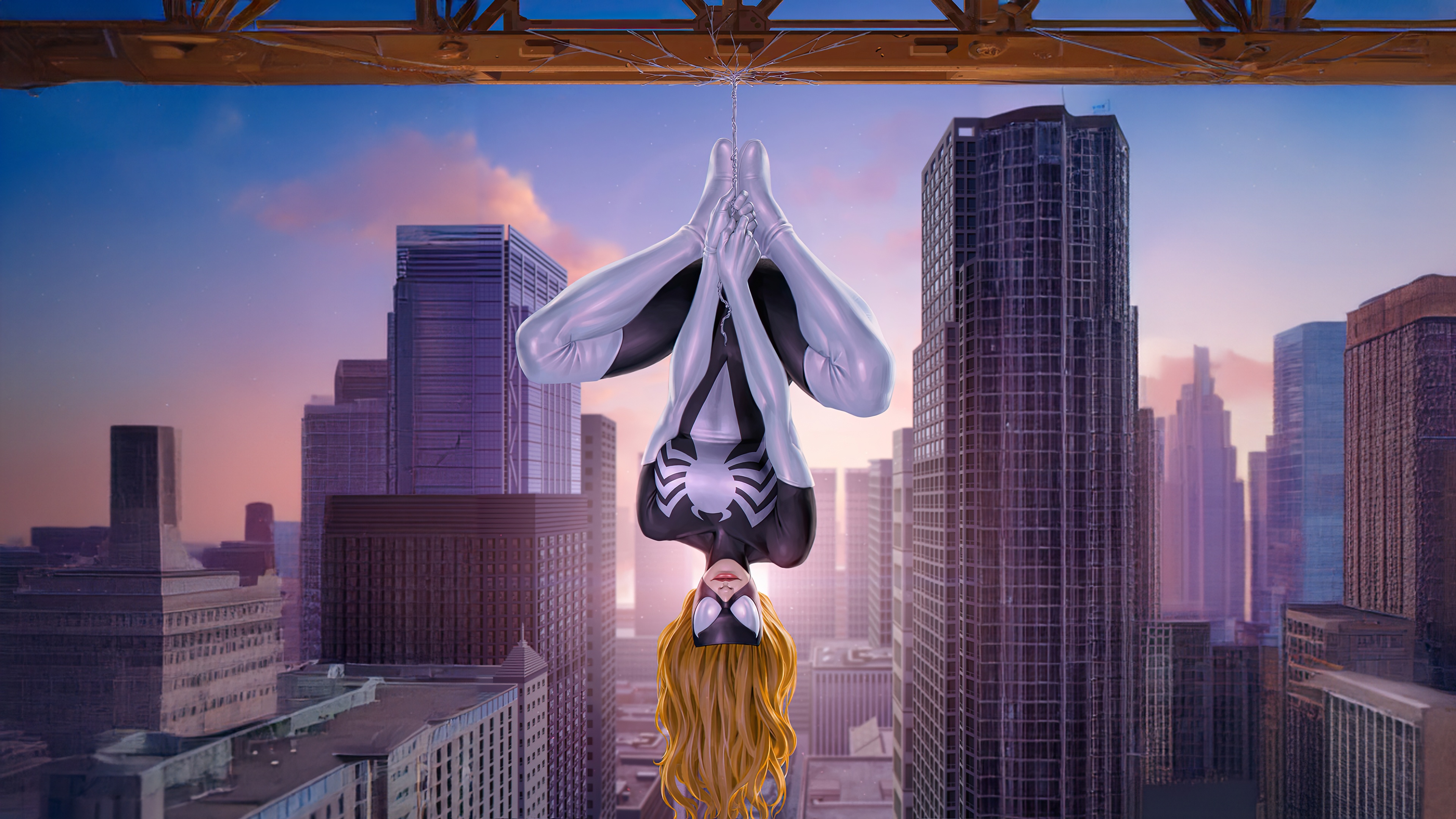 Madame Web hanging upside down in a city HD Wallpaper