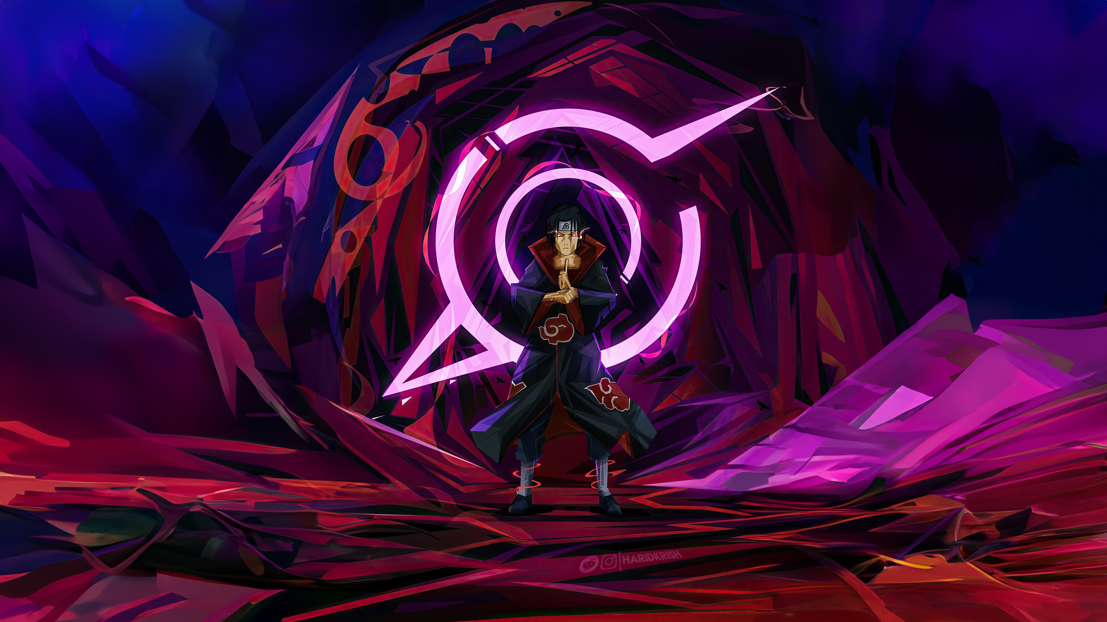 Itachi Uchiha in front of a glowing Akatsuki symbol HD Wallpaper
