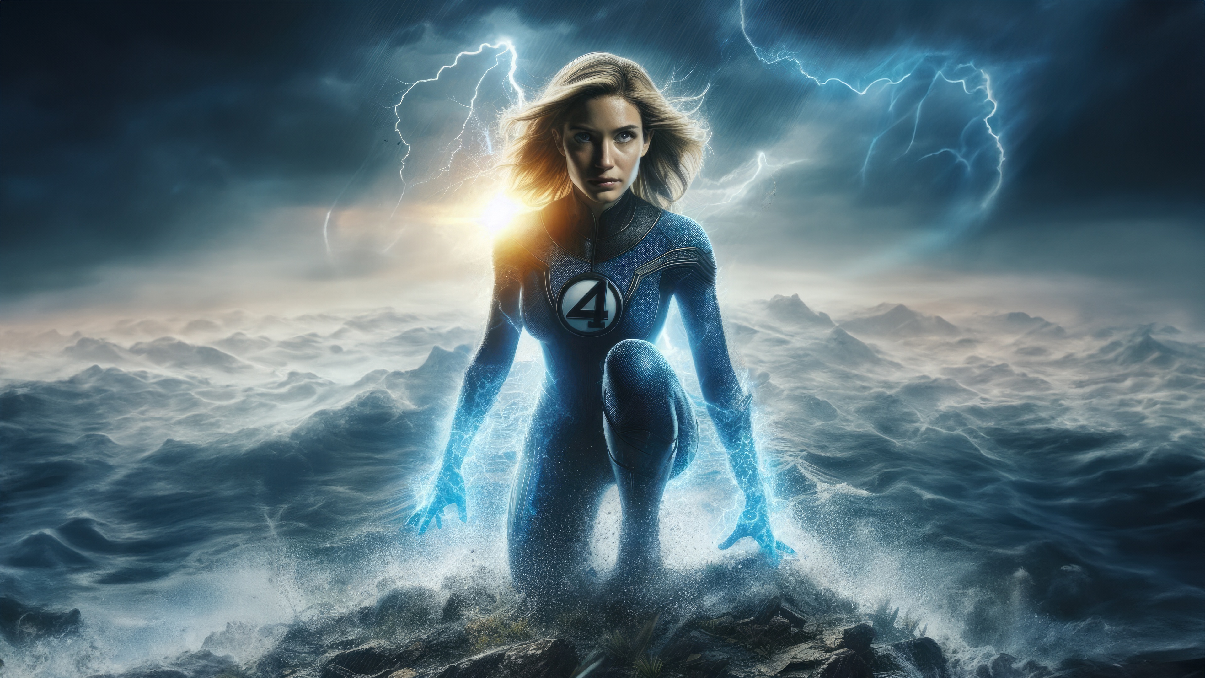 Sue Storm in Fantastic Four costume amidst a storm HD Wallpaper