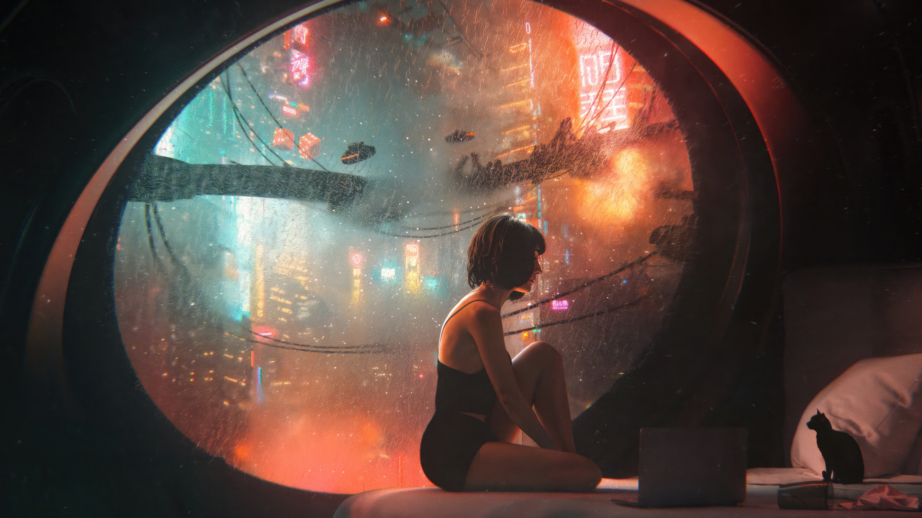 Girl looking out at a futuristic city HD Wallpaper
