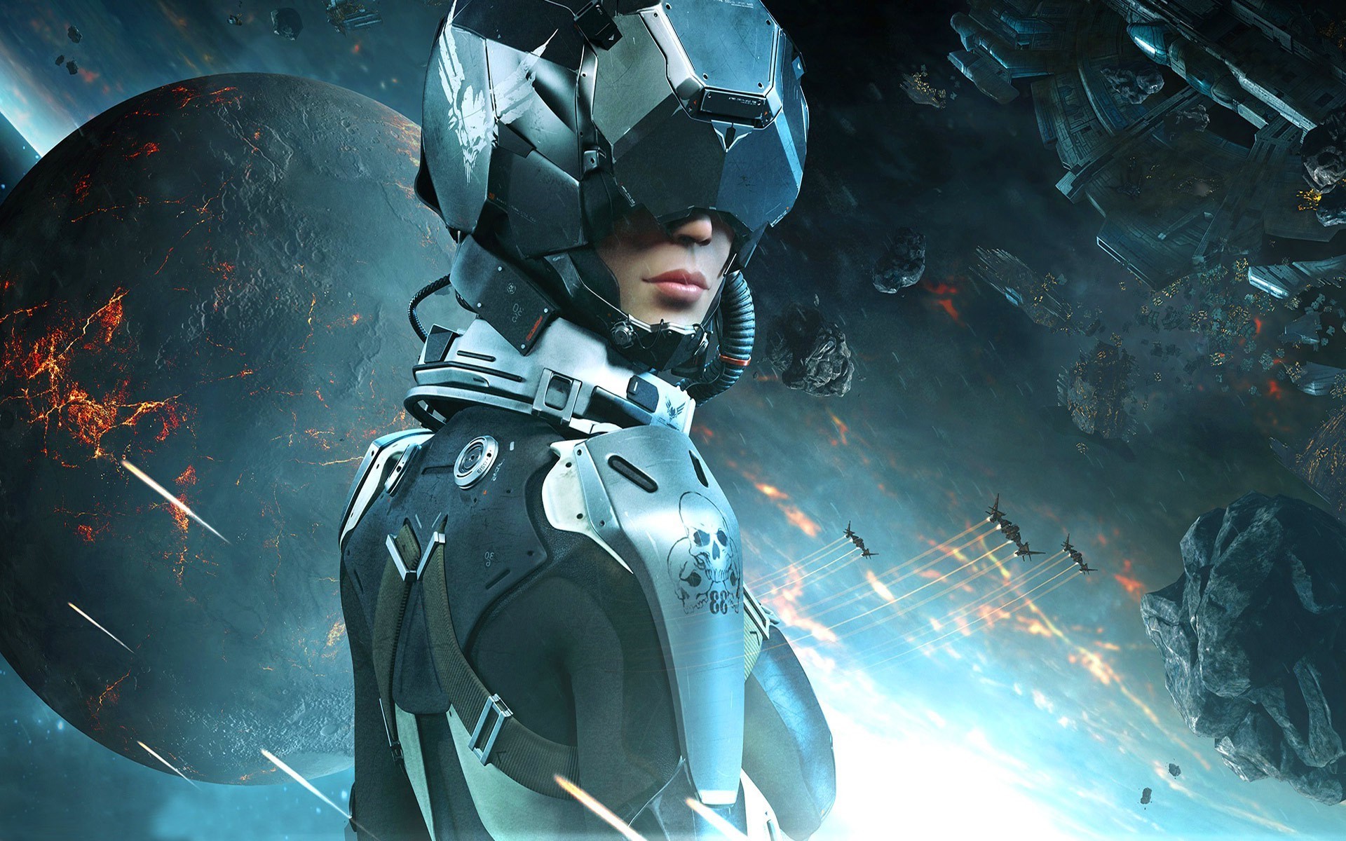 Pilot in space with planets and ships HD Wallpaper