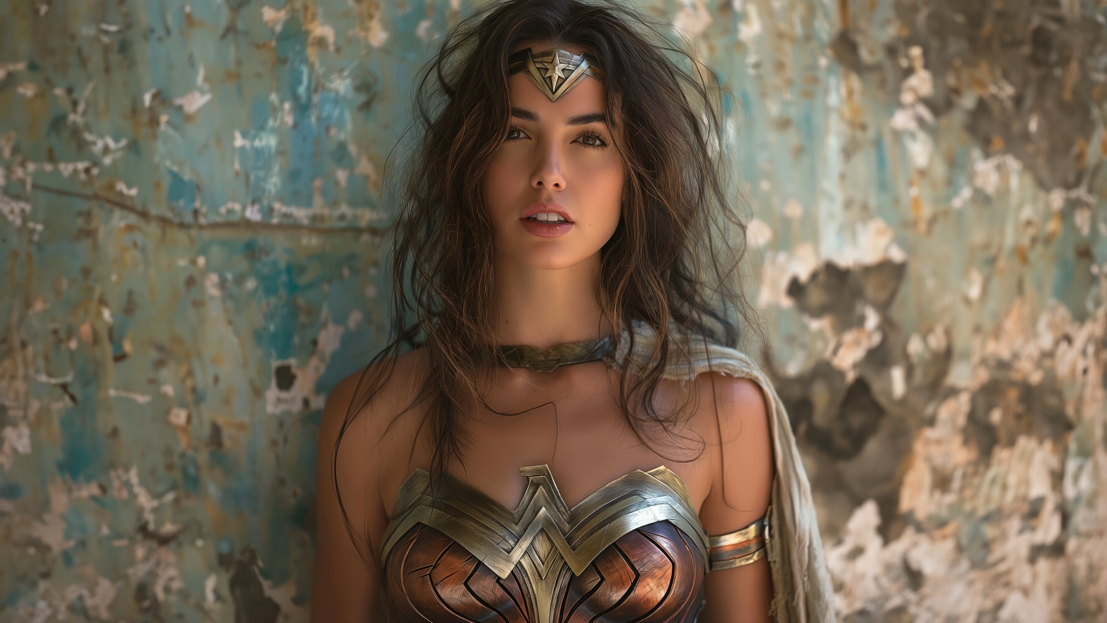 Wonder Woman in costume against a textured wall HD Wallpaper
