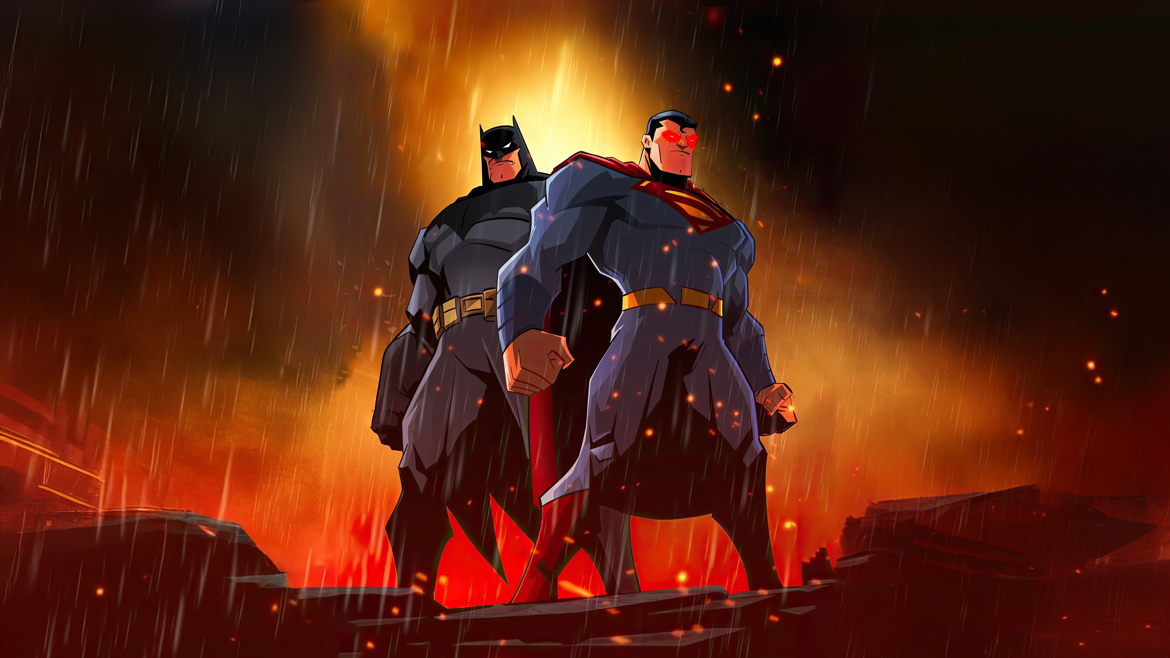 Batman and Superman in a fiery rain HD Wallpaper