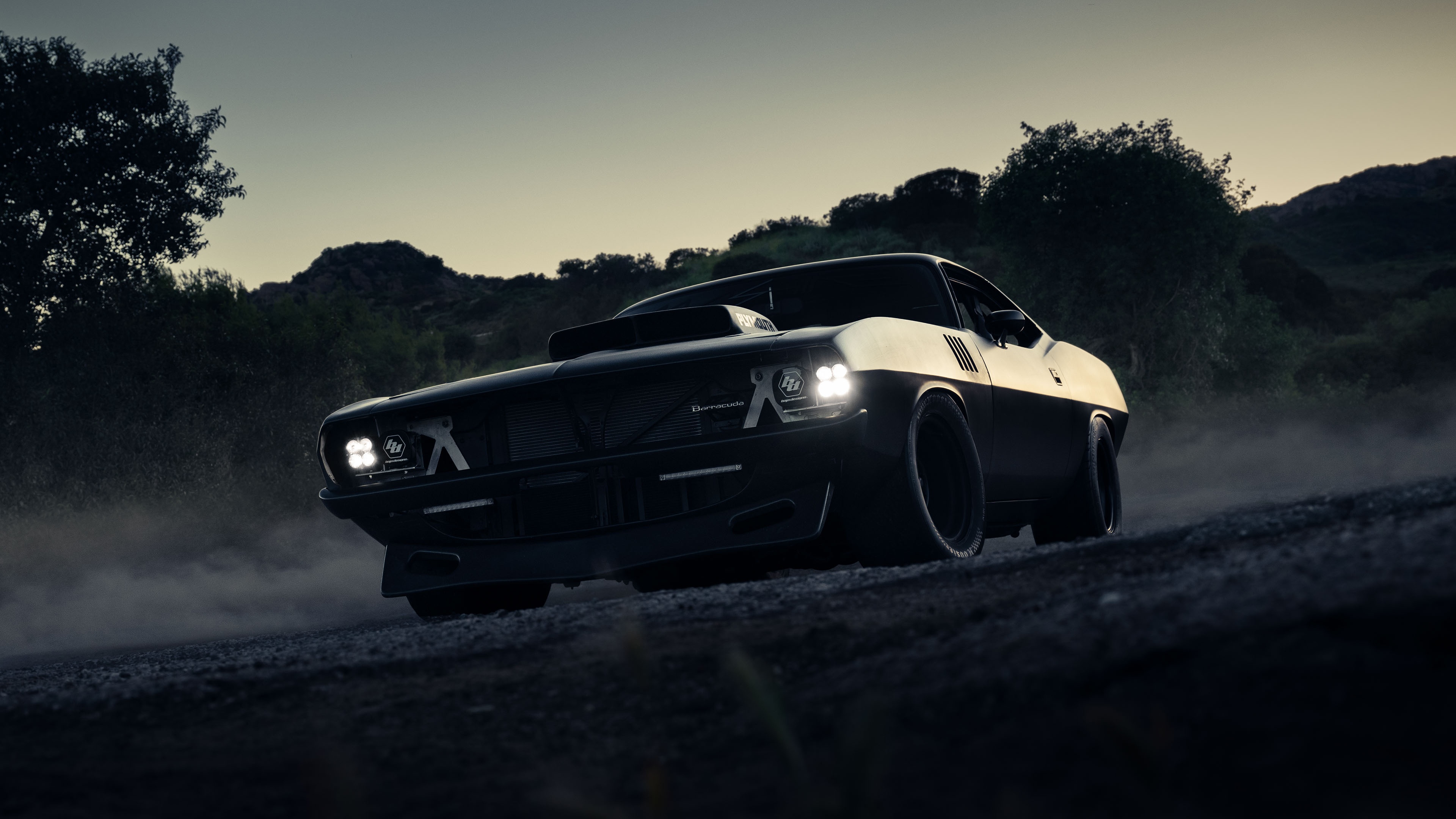 440ci Plymouth Barracuda driving on a dirt road HD Wallpaper