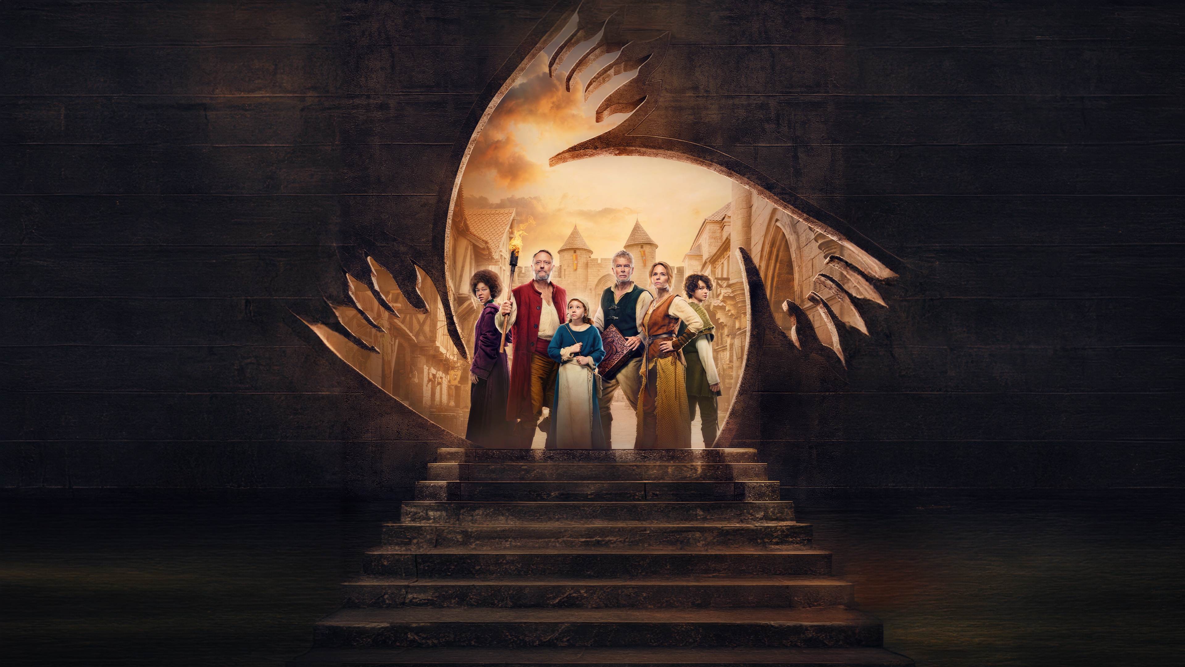 Group of people standing on stairs in front of a city HD Wallpaper