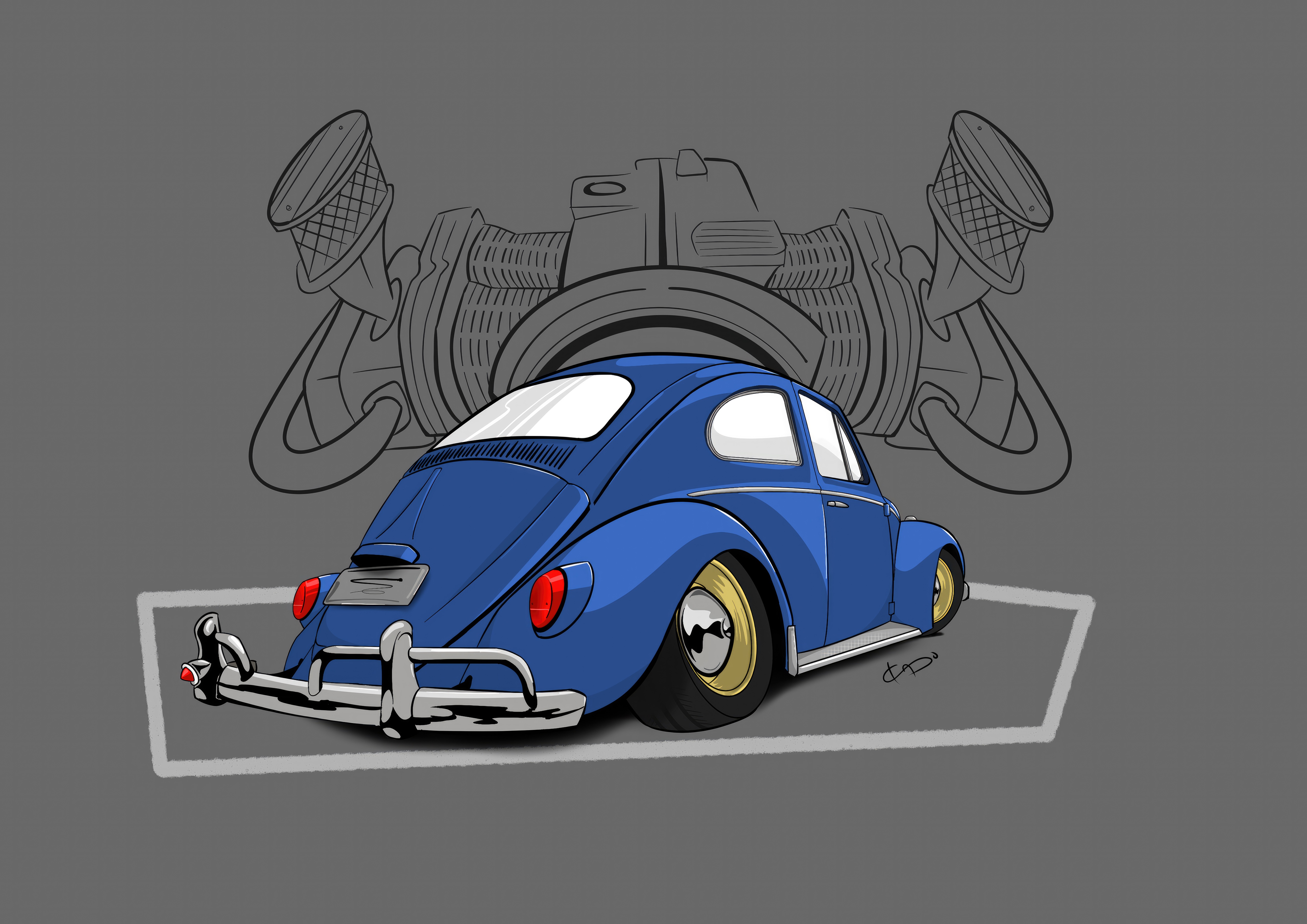 Blue Volkswagen Beetle with engine illustration HD Wallpaper