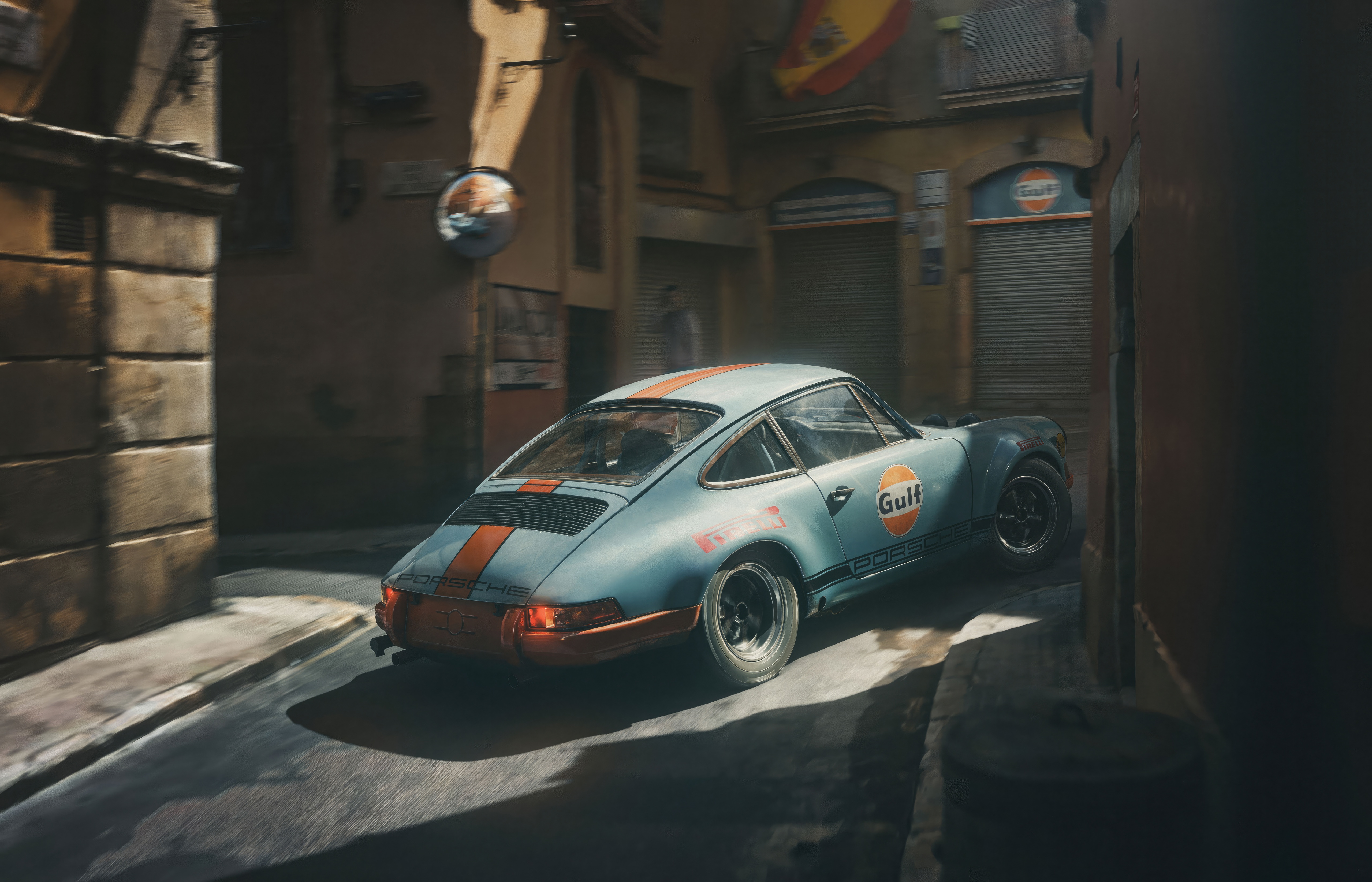 Porsche 911 Gulf racing car in narrow street HD Wallpaper