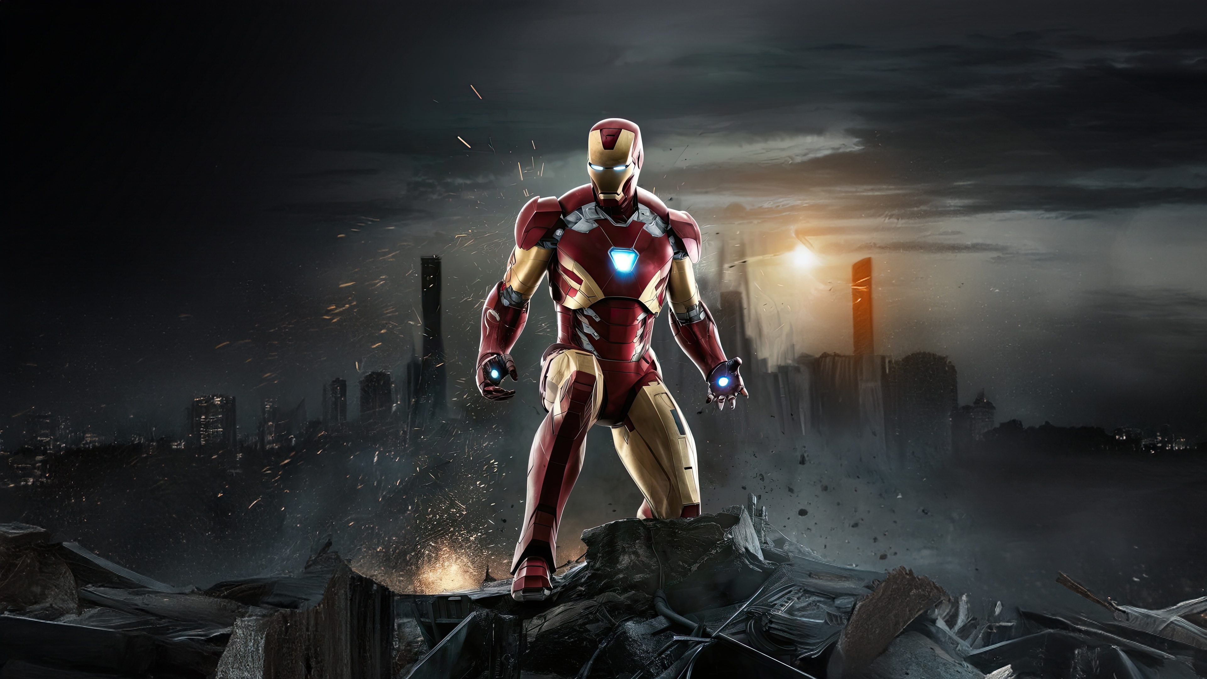 Iron Man stands on rubble in a destroyed city HD Wallpaper