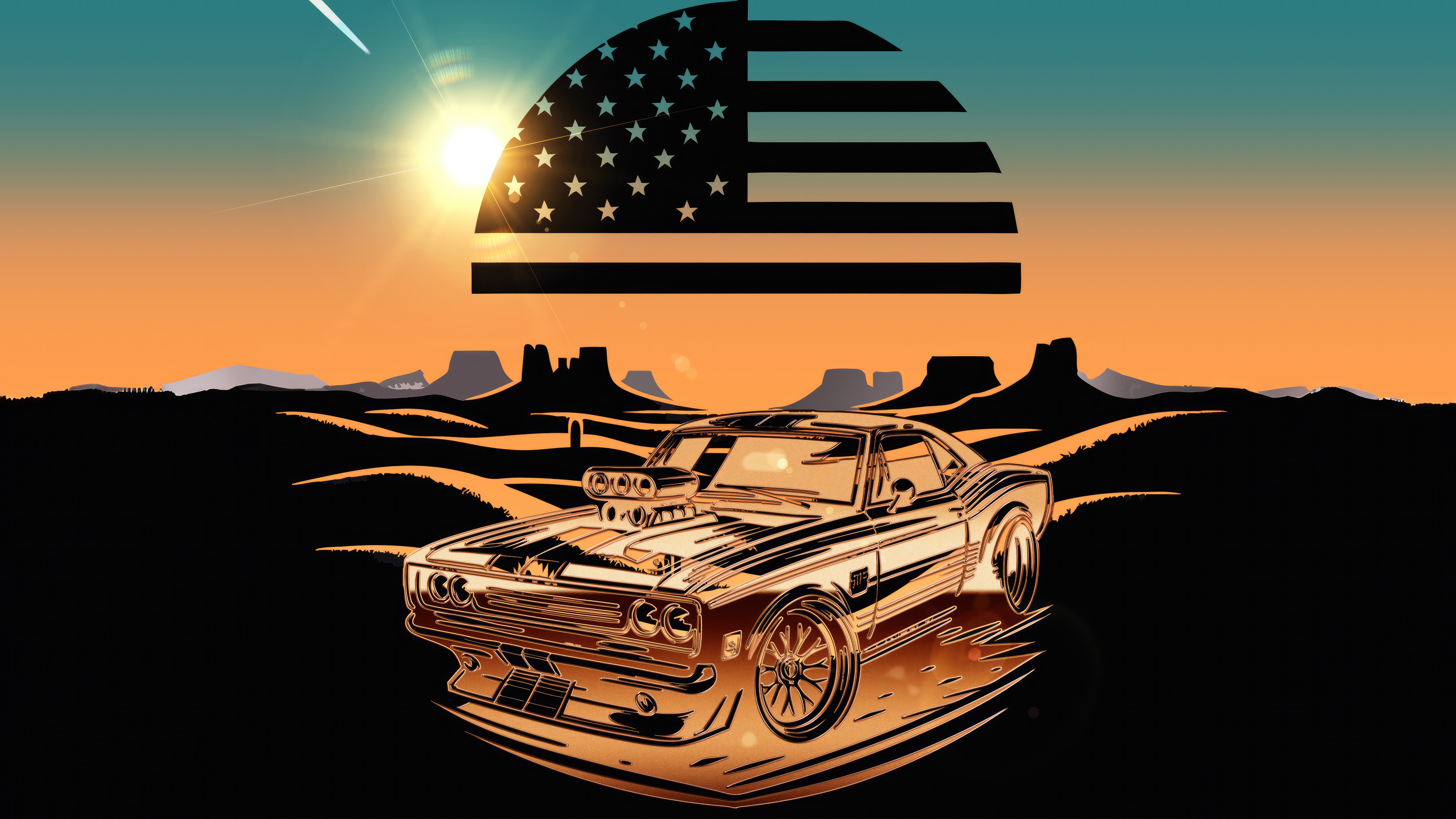 American Muscle Car in Desert Landscape with US Flag Sun HD Wallpaper