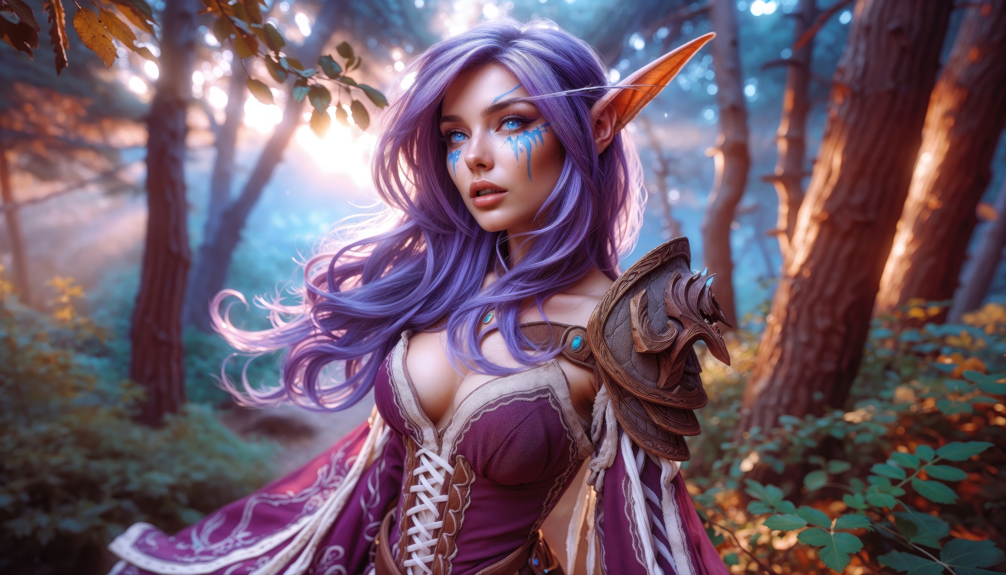 Elf girl with purple hair in a forest HD Wallpaper