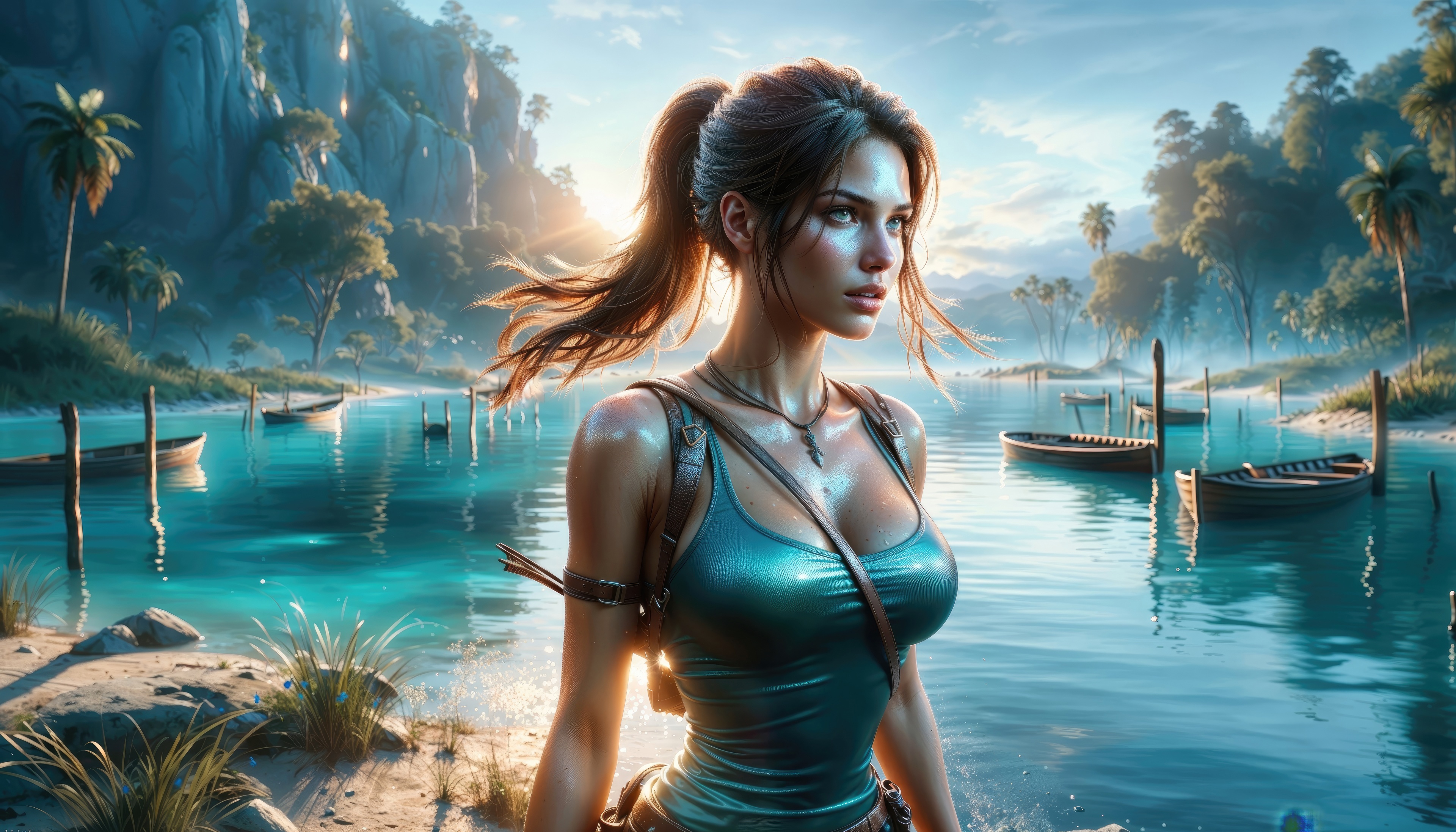 Lara Croft in a tropical paradise HD Wallpaper
