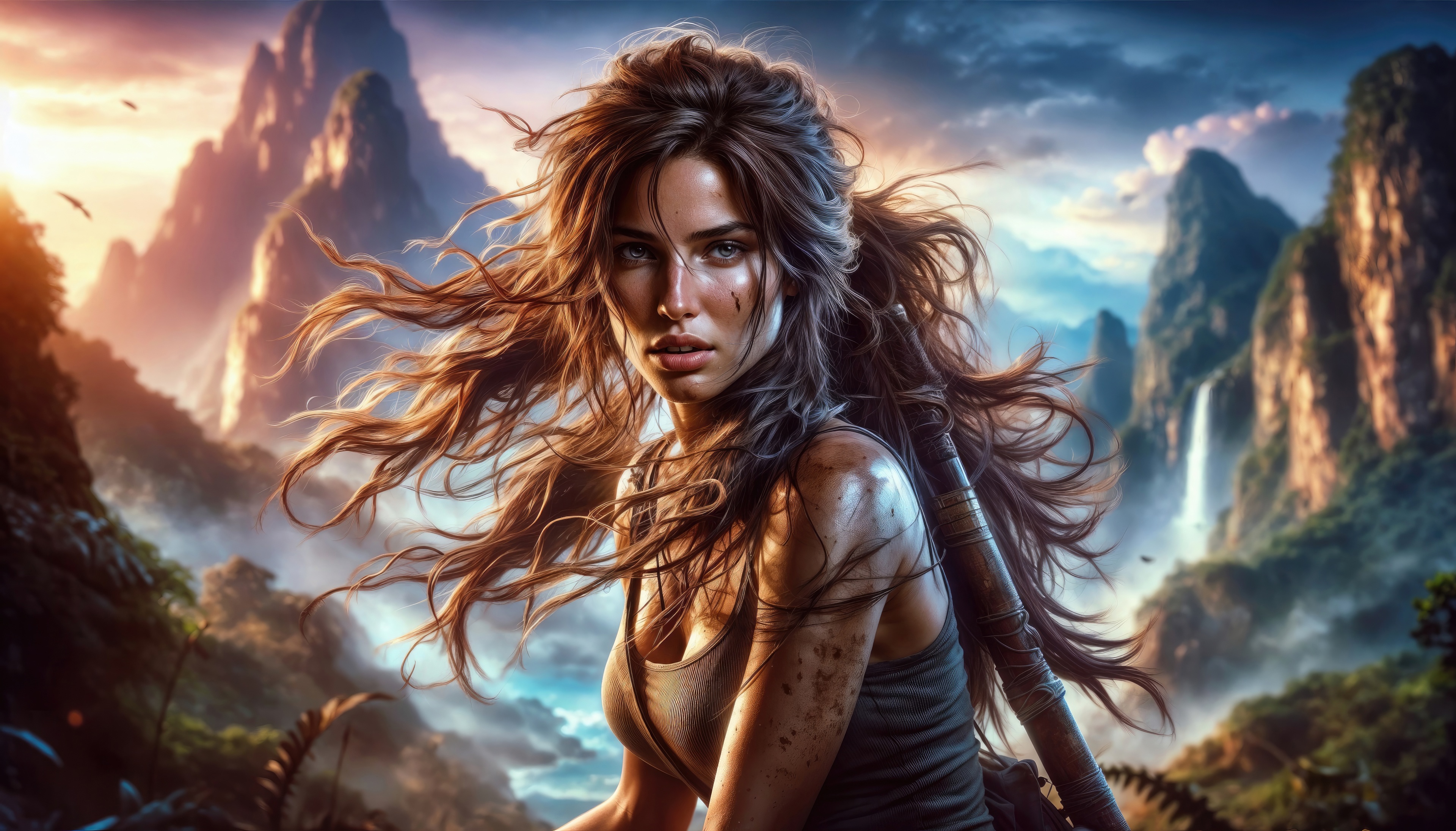 Lara Croft in a mountainous jungle landscape HD Wallpaper