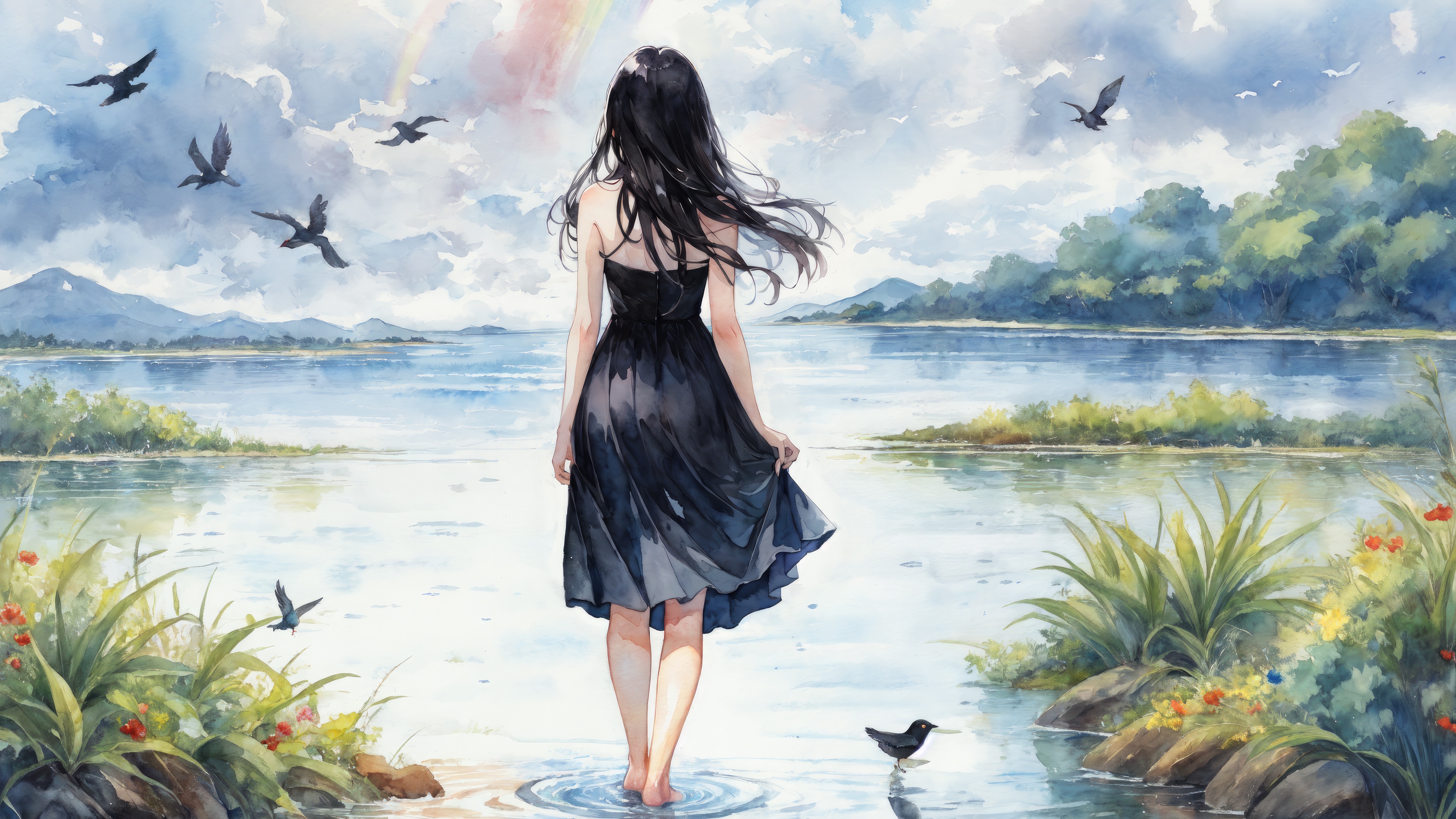 Anime Girl in Black Dress at Lake with Birds HD Wallpaper