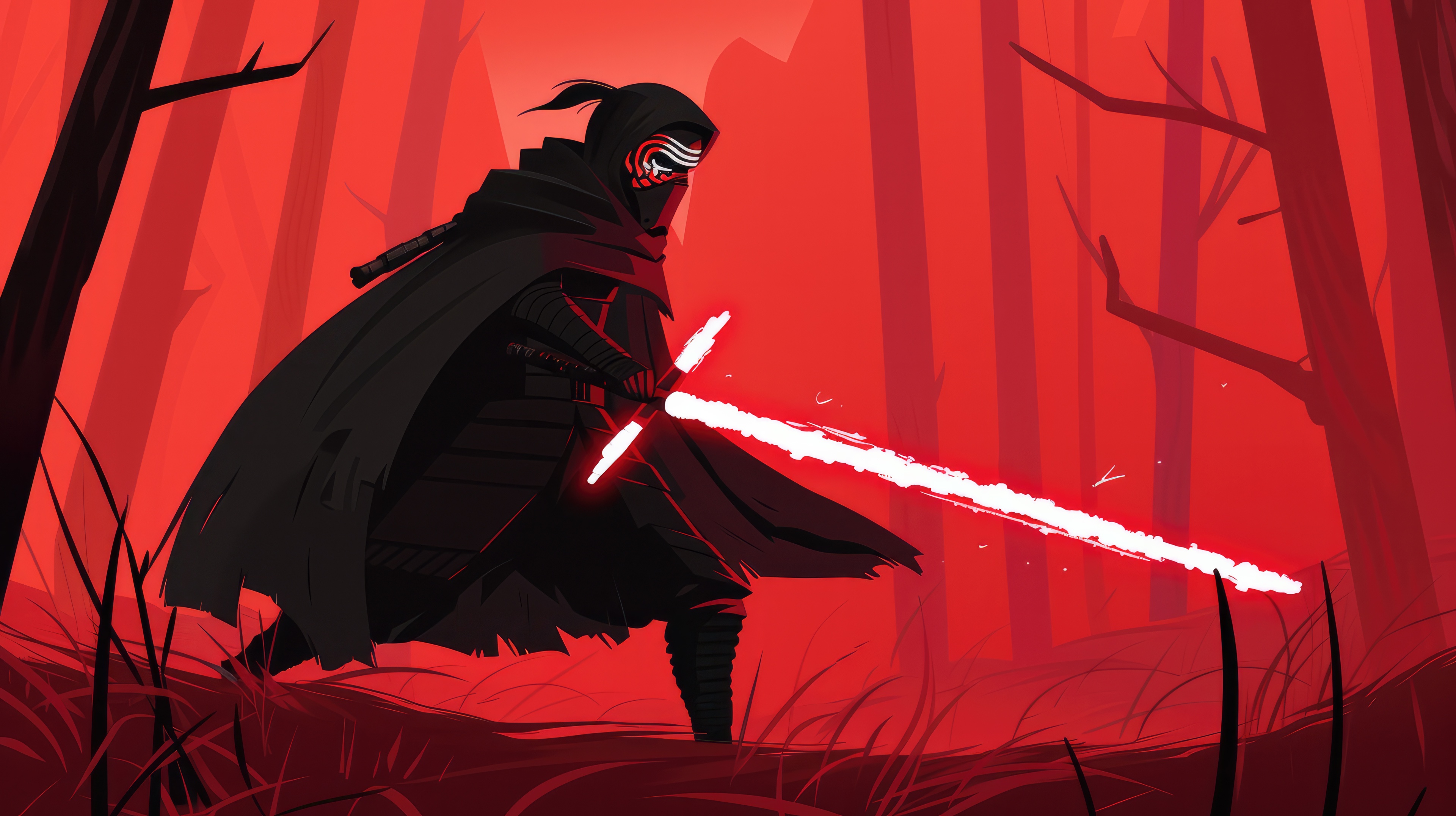 Kylo Ren with a red lightsaber in a red forest HD Wallpaper