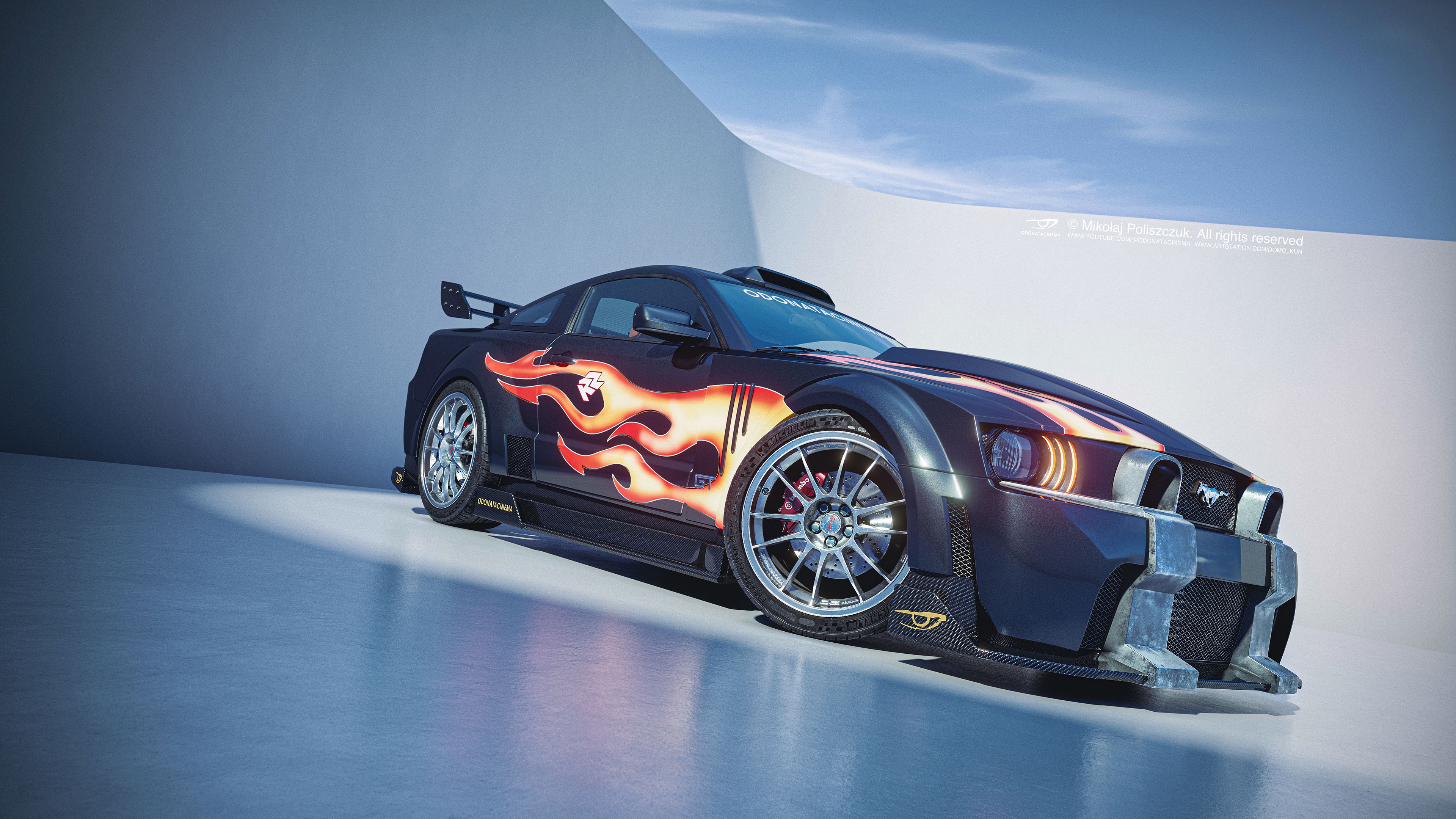 Ford Mustang with flame decals and racing modifications HD Wallpaper