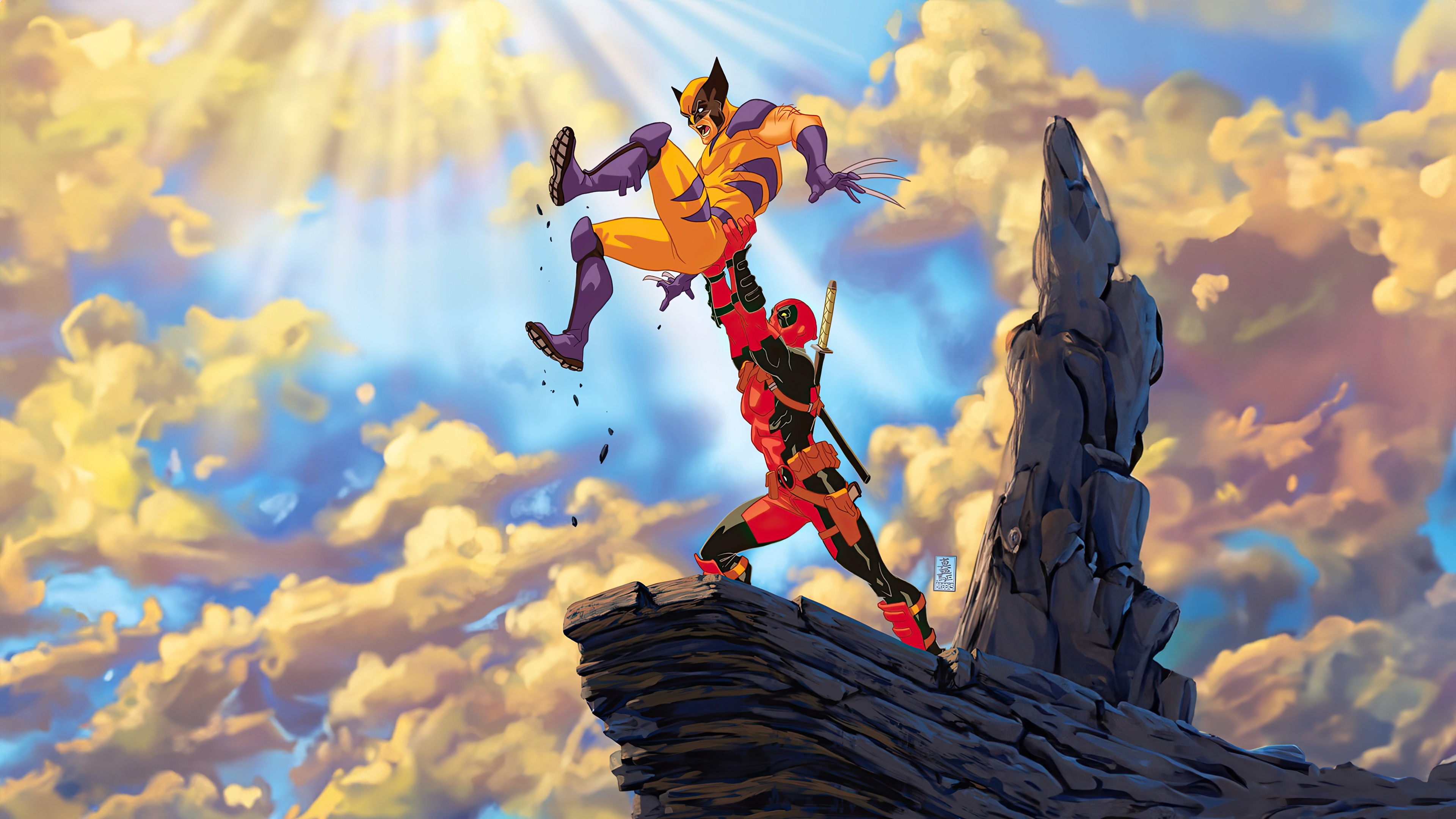 Deadpool and Wolverine fight on a cliff HD Wallpaper