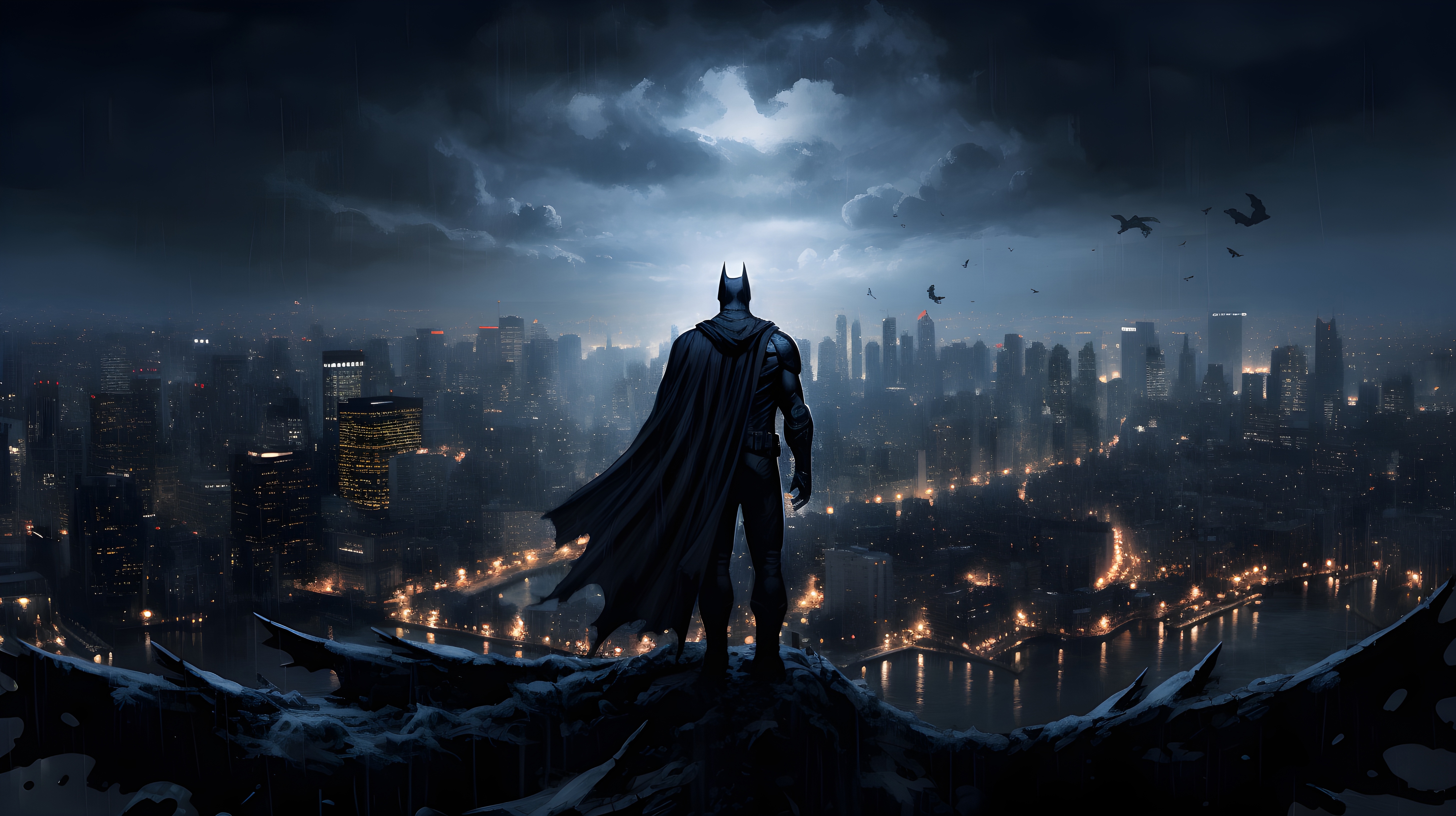 Batman overlooking Gotham City at night HD Wallpaper