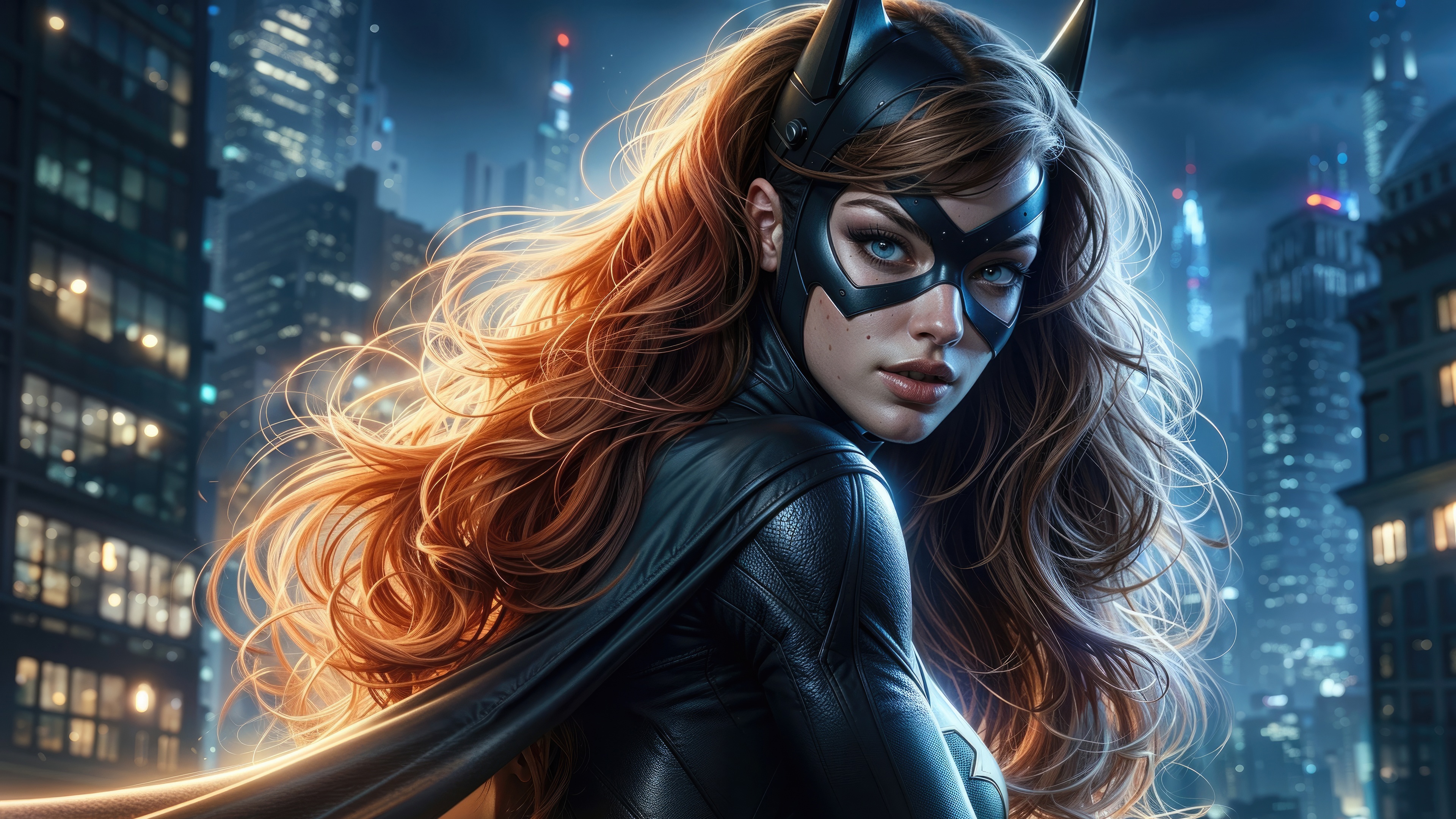 Batgirl in a dark city at night HD Wallpaper