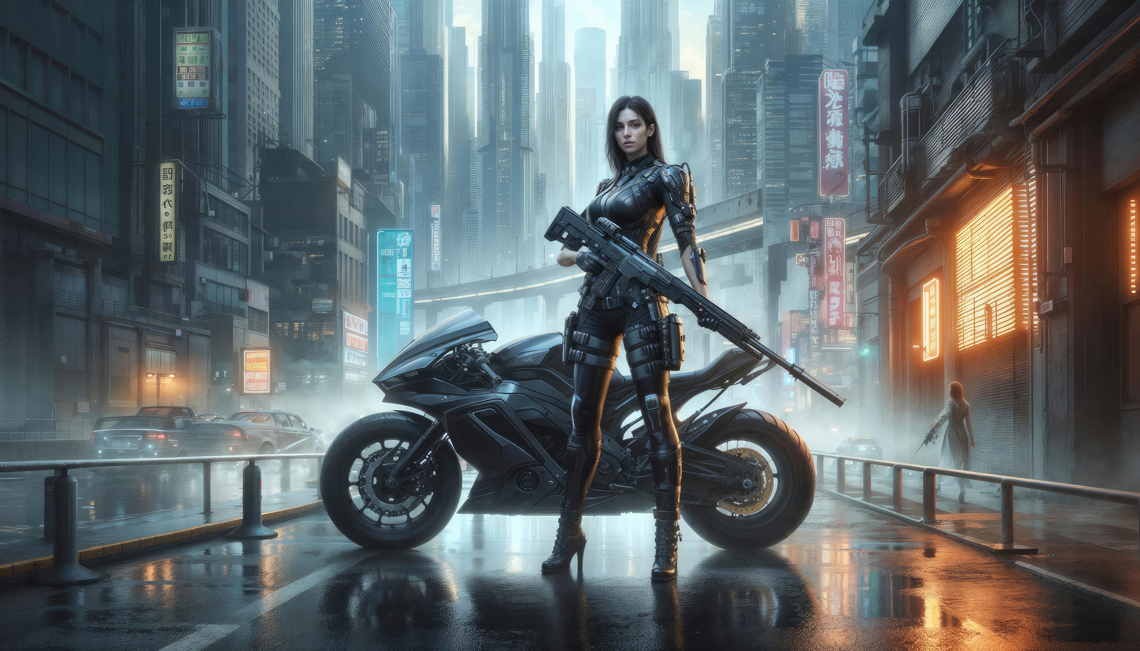 Woman with sniper rifle and motorcycle in futuristic city HD Wallpaper