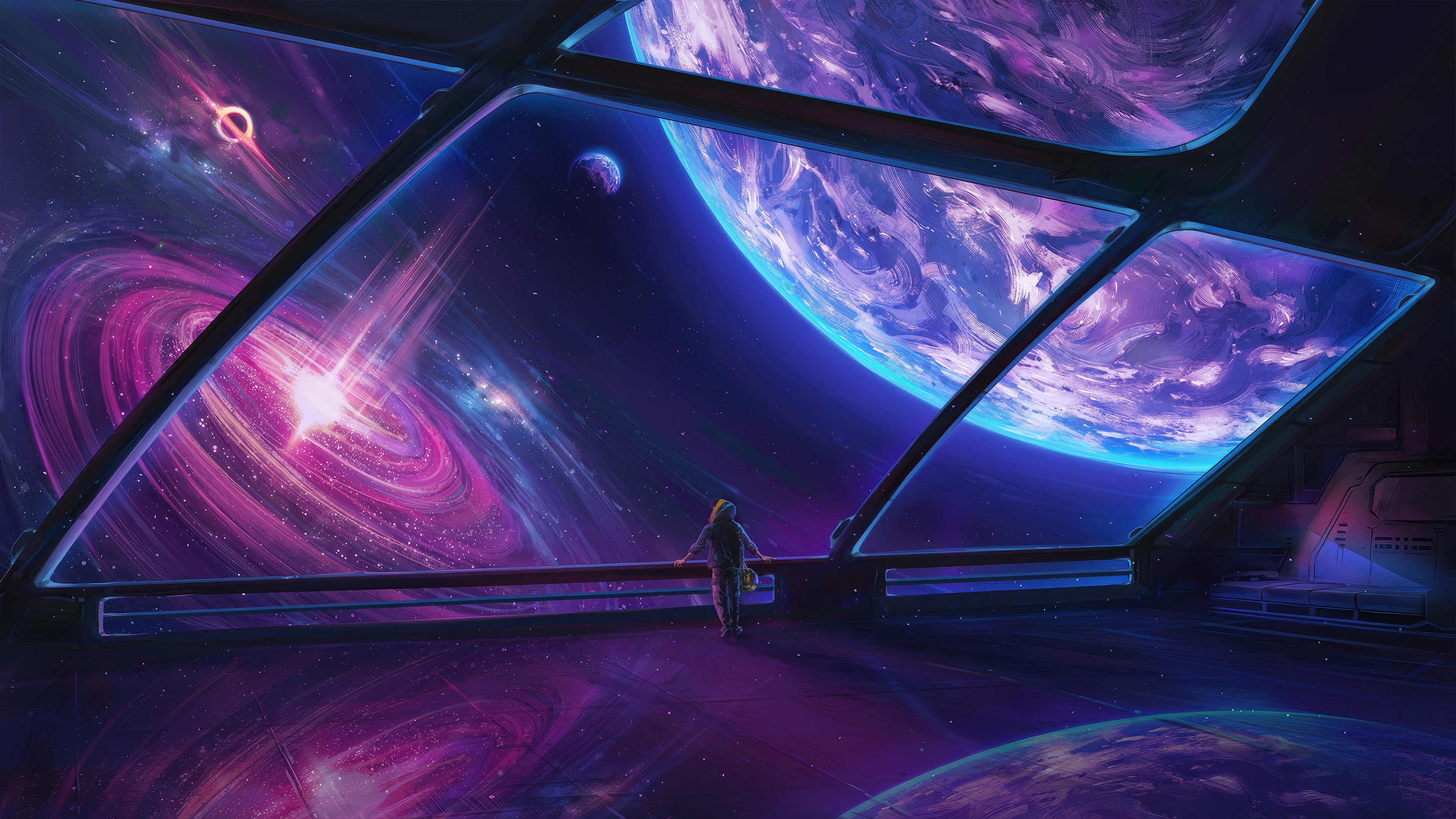 A person looks out at a cosmic vista from a spaceship. HD Wallpaper