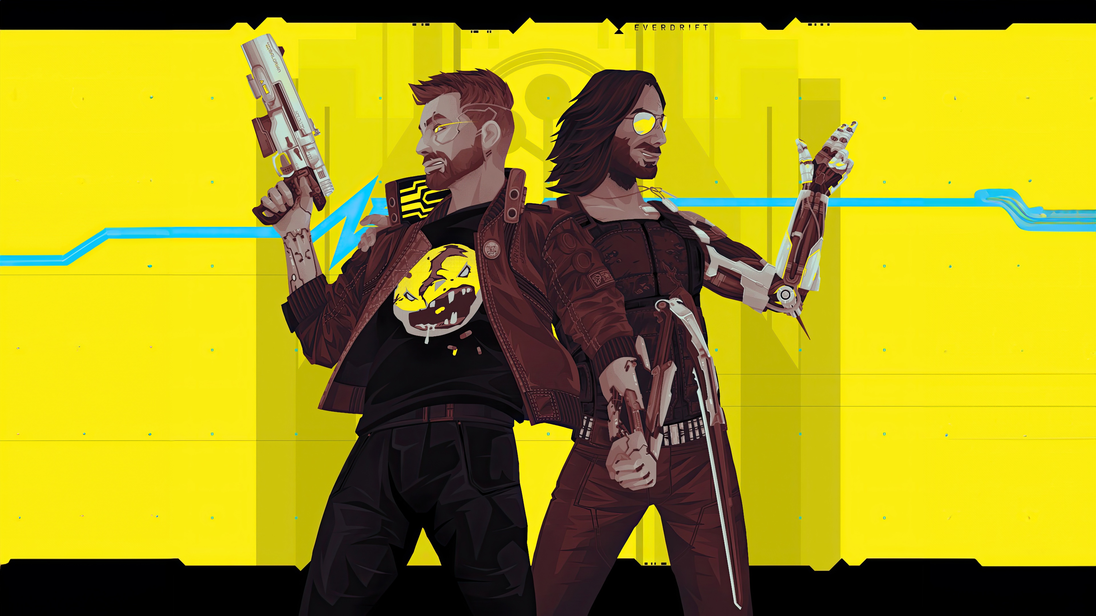 Cyberpunk 2077 characters with guns on yellow background HD Wallpaper