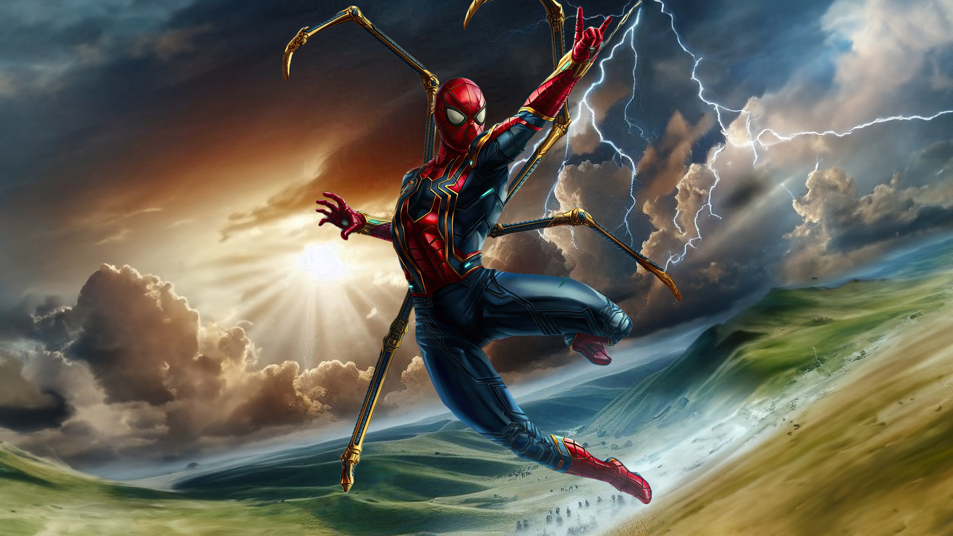 Iron Spider-Man in a stormy sky HD Wallpaper