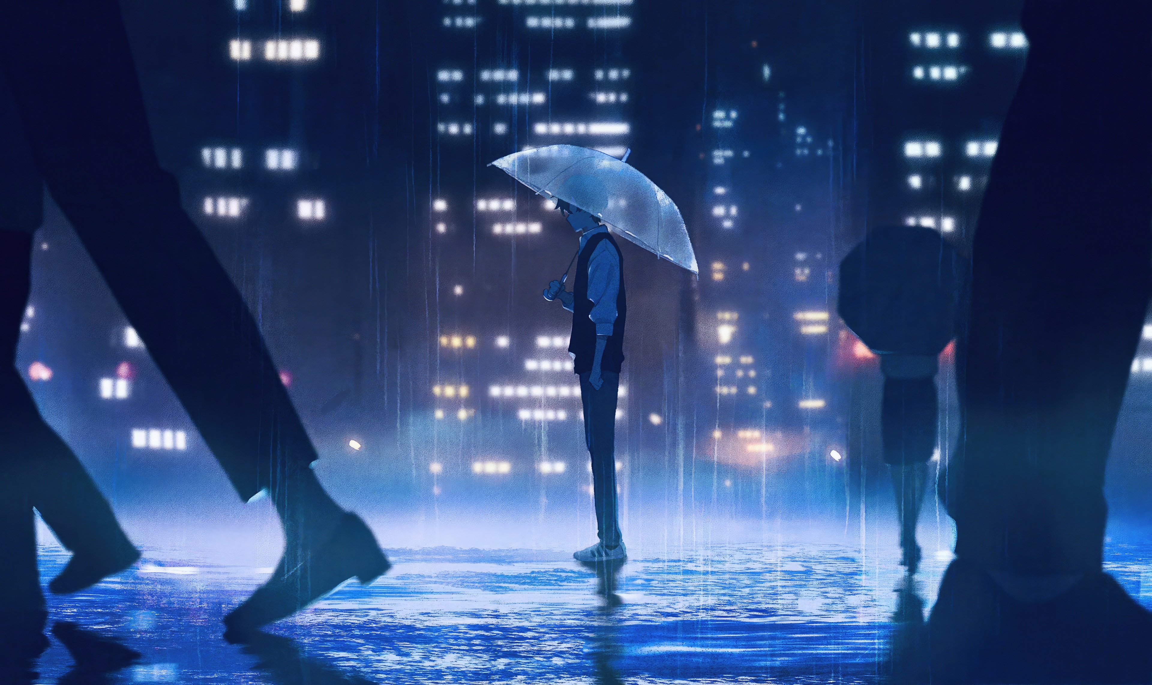 A lone figure with an umbrella in the rain at night HD Wallpaper
