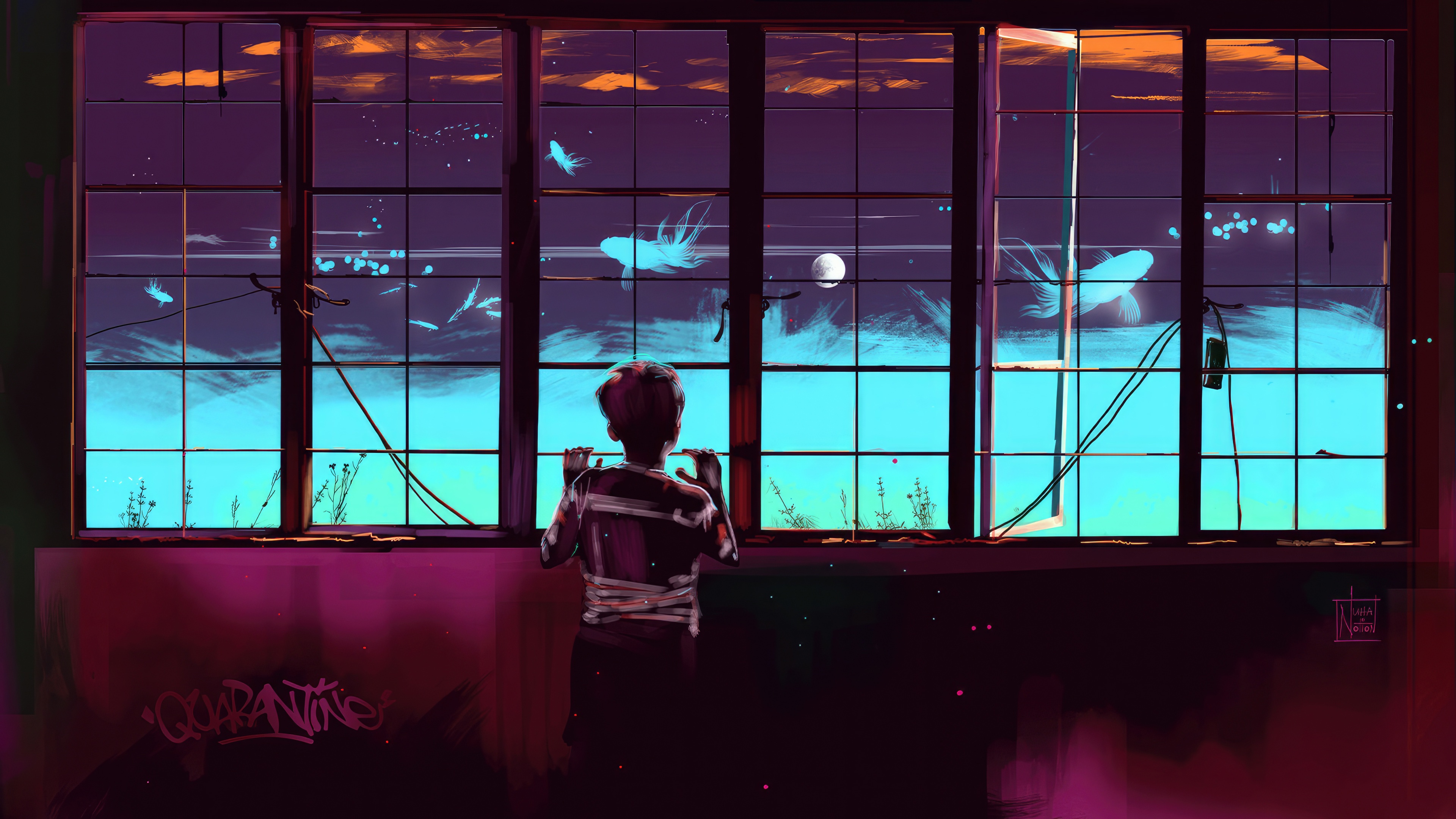 Boy looking out window at surreal sky with glowing creatures HD Wallpaper