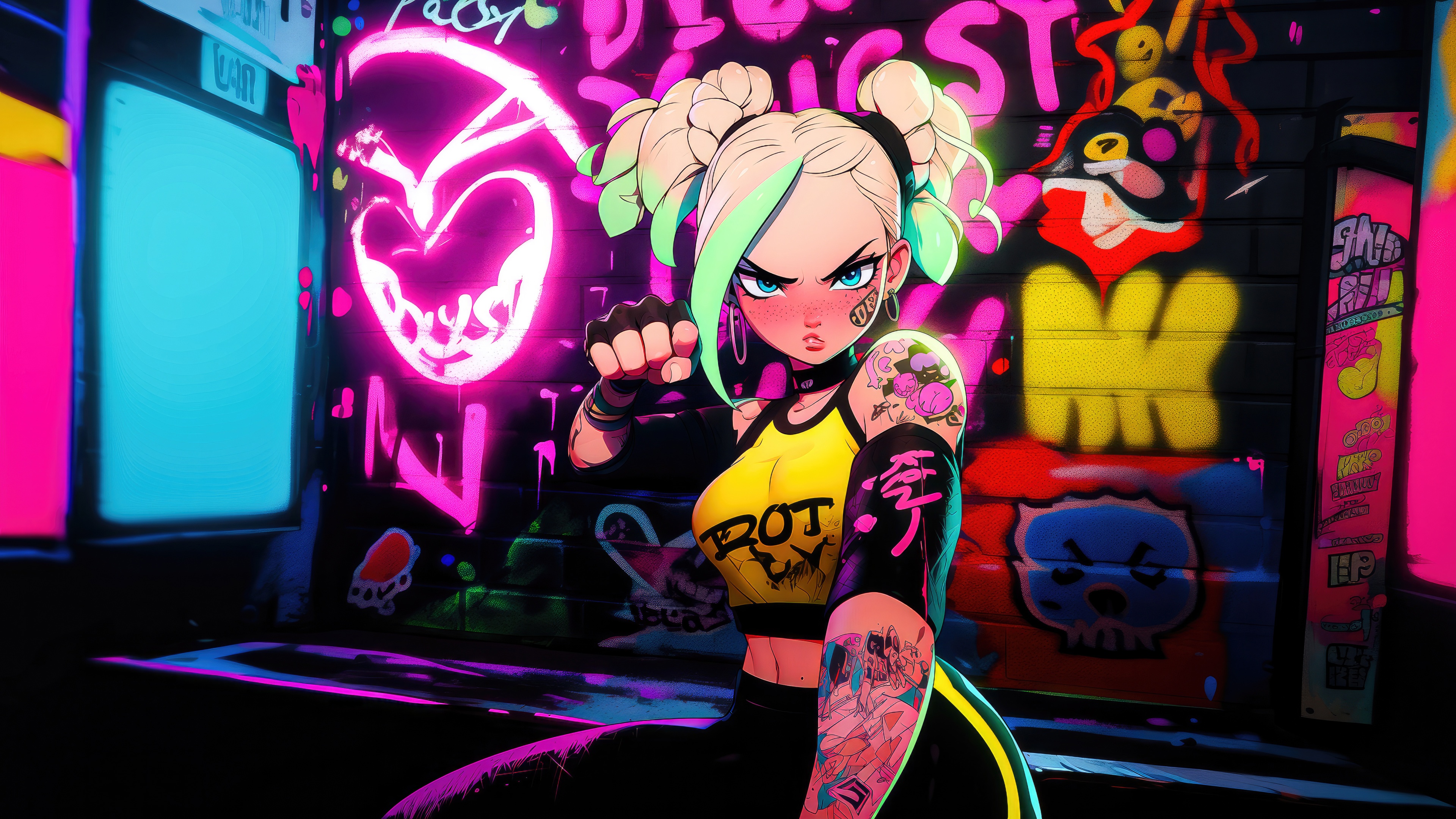 Niji Anime Girl in Neon Alley HD Wallpaper