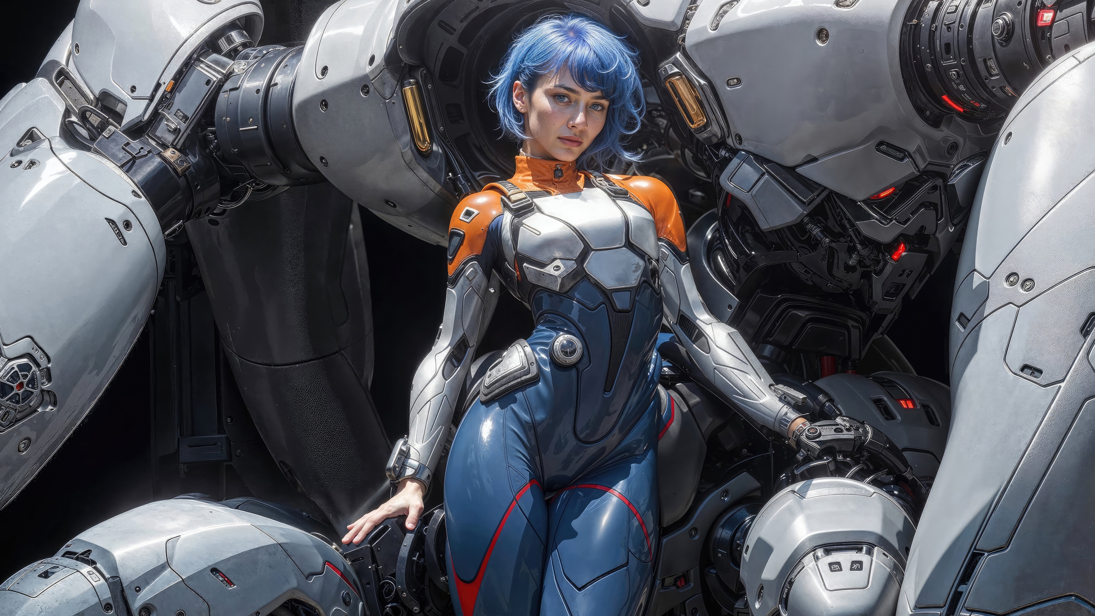 Cybernetic Girl Poses with a Giant Robot HD Wallpaper