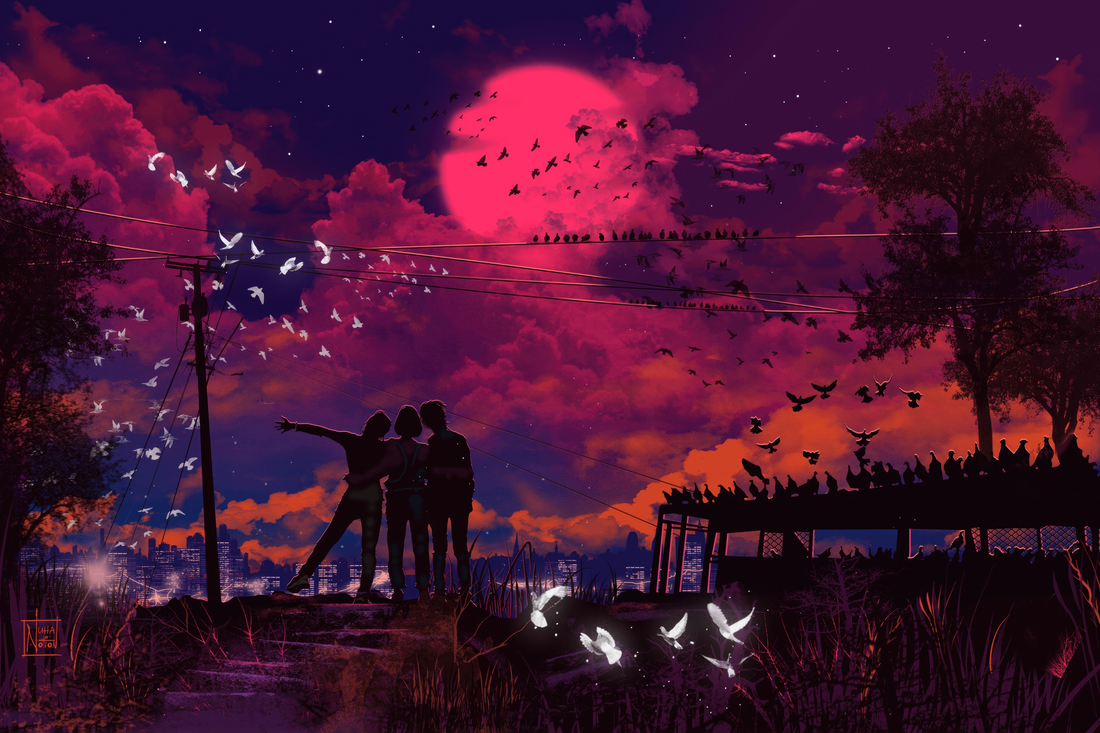 Friends watching birds fly under a pink moon HD Wallpaper